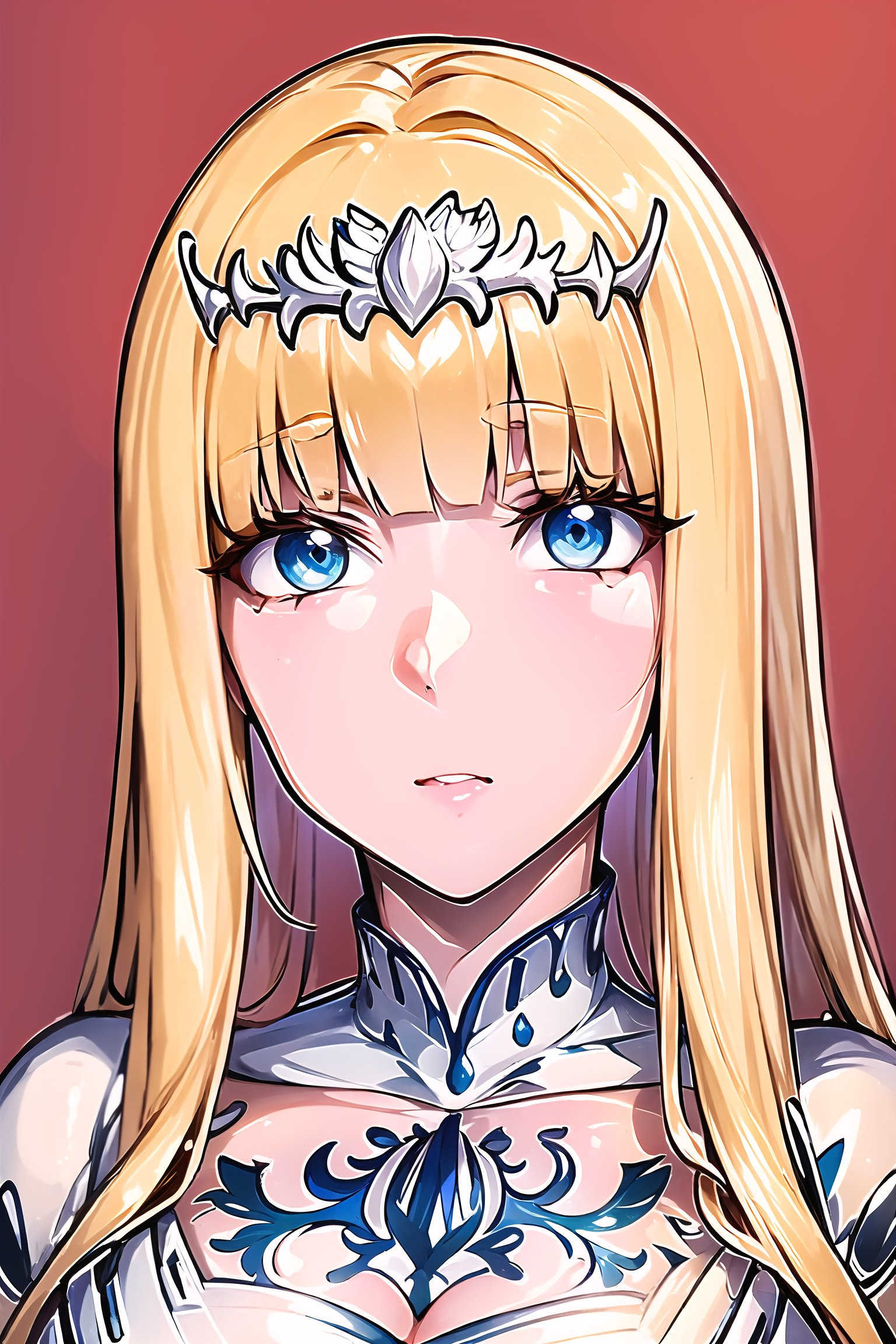 masterpiece, best quality, ultra-detailed, 8k, (detailed background, complex background:1.2), (perfect face, detailed face),  1girl, solo, calca, blonde hair, medium chest, (extremely long hair:1.3), very long hair, extra long hair, white tiara, white dress, blue eyes,Calca Bessarez,medium breast,Calca