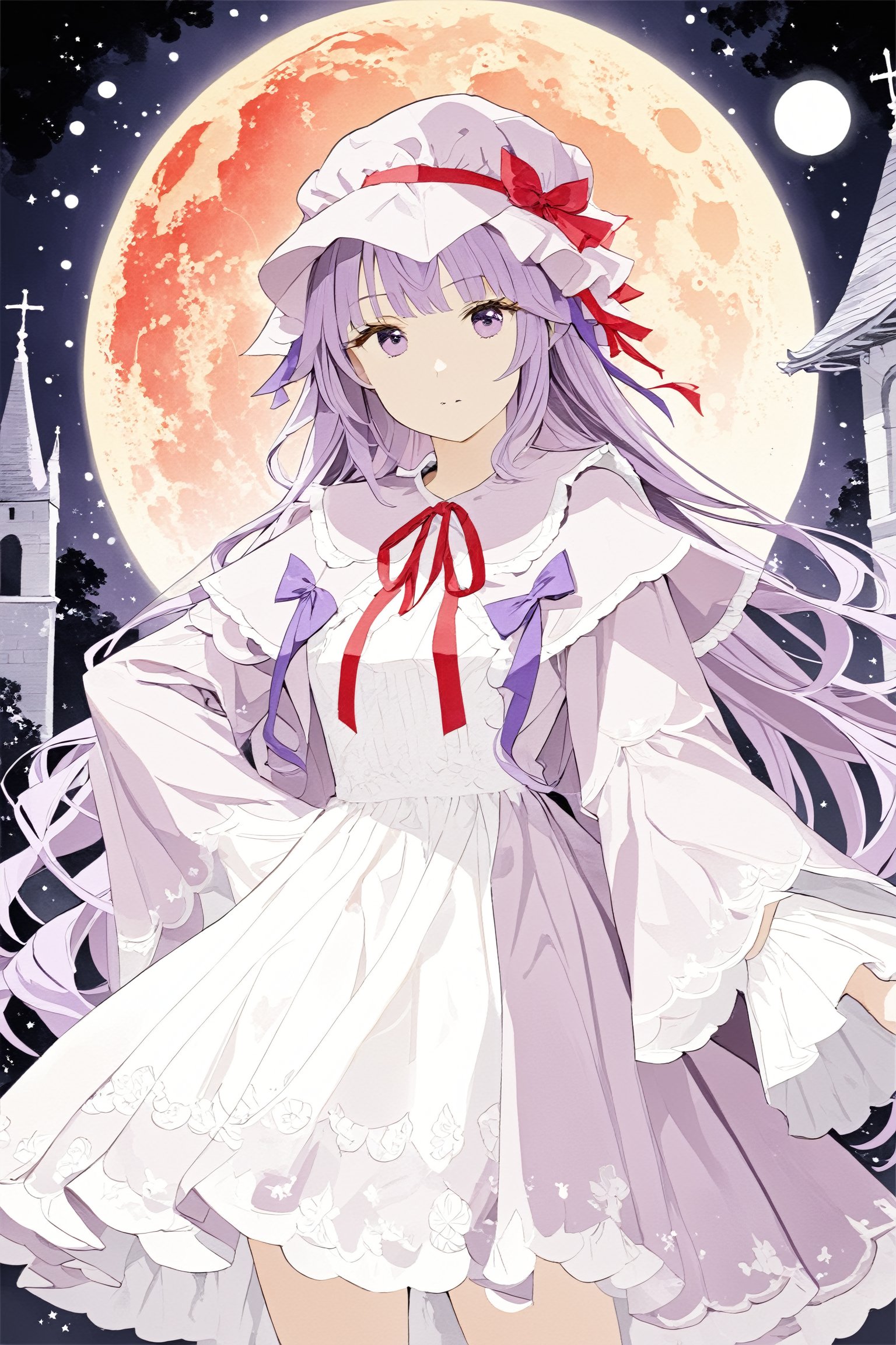 , cowboy shot, , high contrast, perfect details, intricate details, art_booster, masterpiece, best quality, official art, ,1girl, solo, light purple dress, yellow moon as a hair ornament, llight purple hat, blue and red ribbons, long sleeve, purple hair, (long sidelock:1.4), very long hair, purple eyes, , ,patchouli knowledge