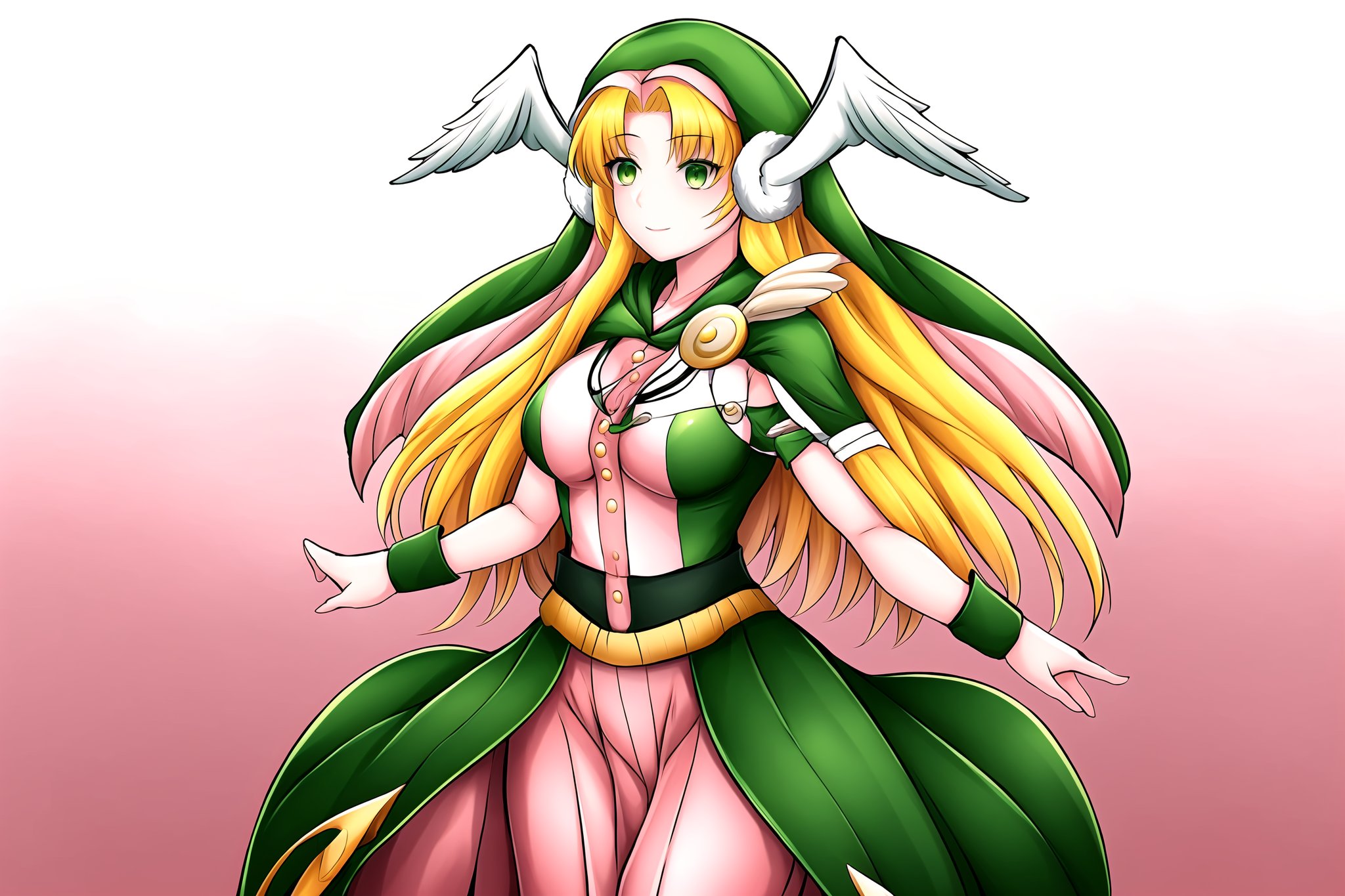 1girl, solo, long hair, looking at viewer, cowboy shot, ,  gradient background, expressionless, arms at sides,  , Divine Chant, 4th Seat of the Black Scripture, blonde hair, green eye, pink dress, green hood, very long hair, 1girl, angelwing-shaped earmuffs