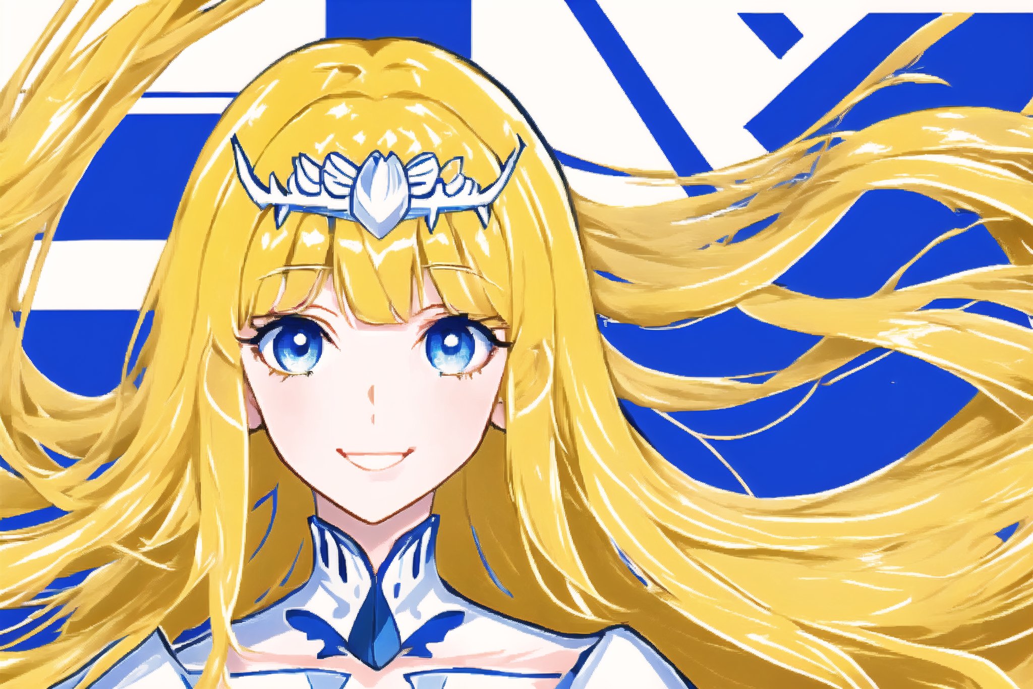 facial shot, bright eyes,, smiling, ,1girl, solo, Calca, Calca Bessarez, blonde hair, (extremely long hair:1.3), very long hair, white tiara, white dress, blue eyes, medium chest, medium breast, yellow hair color