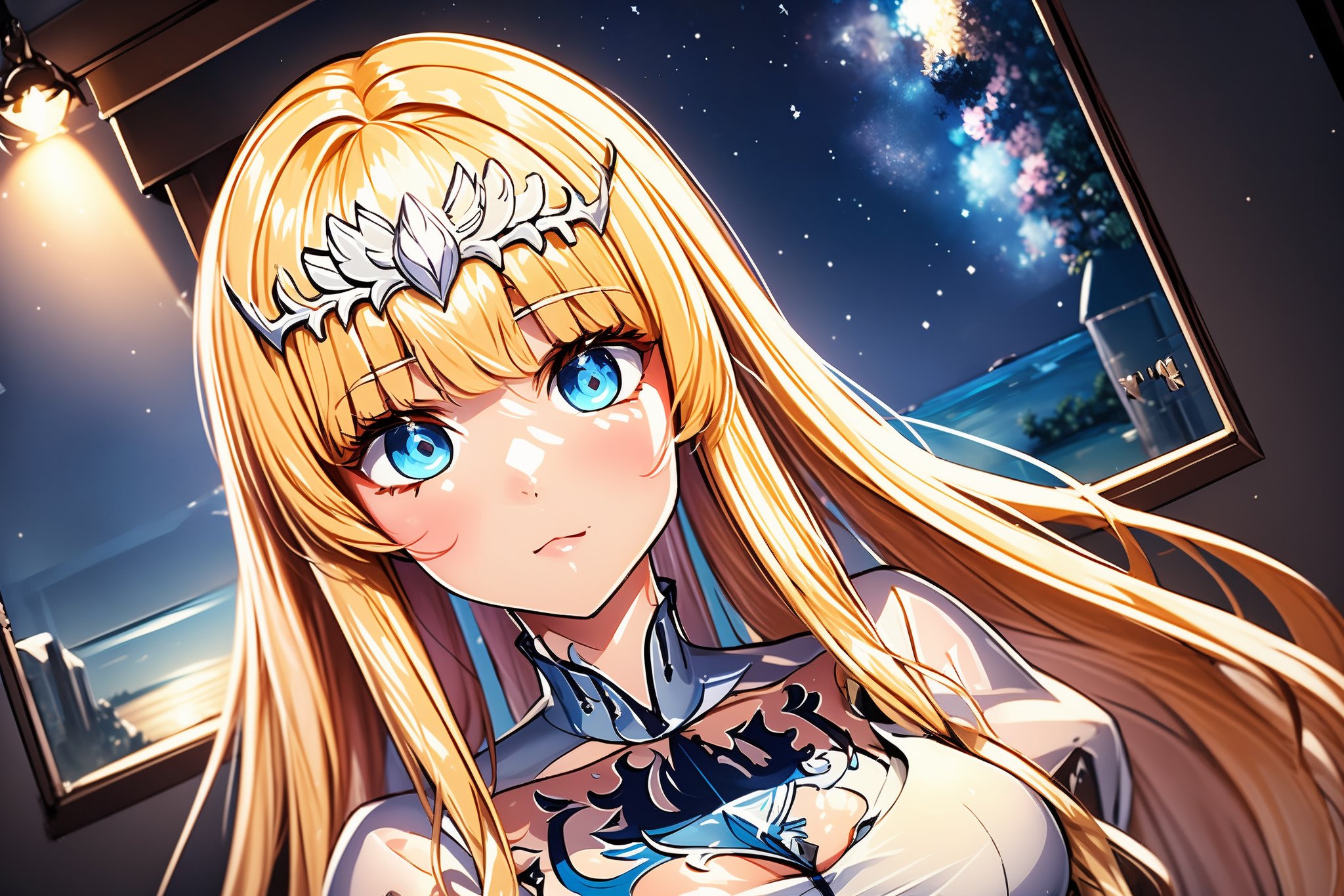 {{best quality}}, {{masterpiece}}, {{ultra-detailed}}, {illustration}, {detailed light}, {an extremely delicate and beautiful}, a girl, {beautiful detailed eyes}, stars in the eyes, depth of field, 1girl, solo, Calca, Calca Bessarez, blonde hair, (extremely long hair:1.3), very long hair, white tiara, white dress, blue eyes, medium chest,extremely long hair