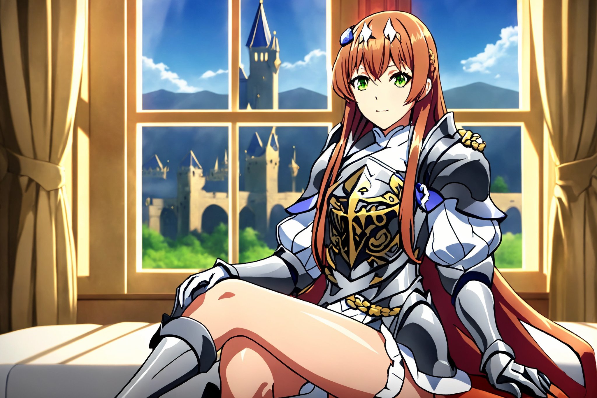 1girl,,solo, being alone, sitting, crossed legs, sitting on the floor, medieval age bedroom, castle background at the window,Lightbringer,Neo Elma,orange hair,very long hair,green eyes,(hair ornament:1.3),silver armor,female knight,gauntlet, three lozenge shape ornament