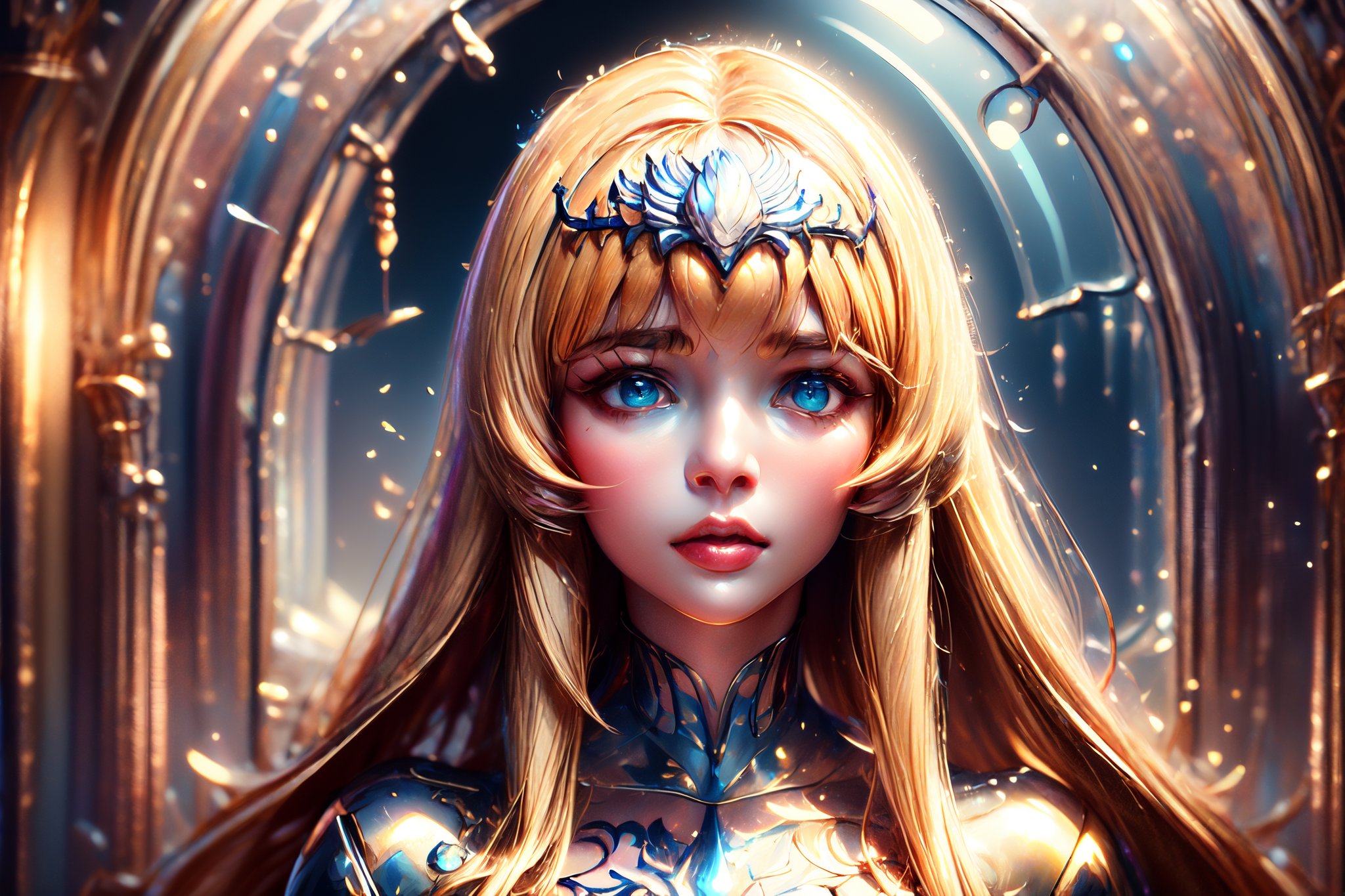 (8k portrait of a beautiful girl, highly detailed and majestic digital photography, art by artgerm and ruan jia and greg rutkowski Surreal painting, side lights , finely detailed beautiful eyes), Detailed Textures, high quality, high resolution, high Accuracy, realism, color correction, Proper lighting settings, harmonious composition, Behance works, DonMBl00mingF41ryXL, DonMF41ryW1ng5, ftifa,1girl, solo, Calca, Calca Bessarez, blonde hair, (extremely long hair:1.3), very long hair, white tiara, white dress, blue eyes, medium chest, medium breast, yellow hair color