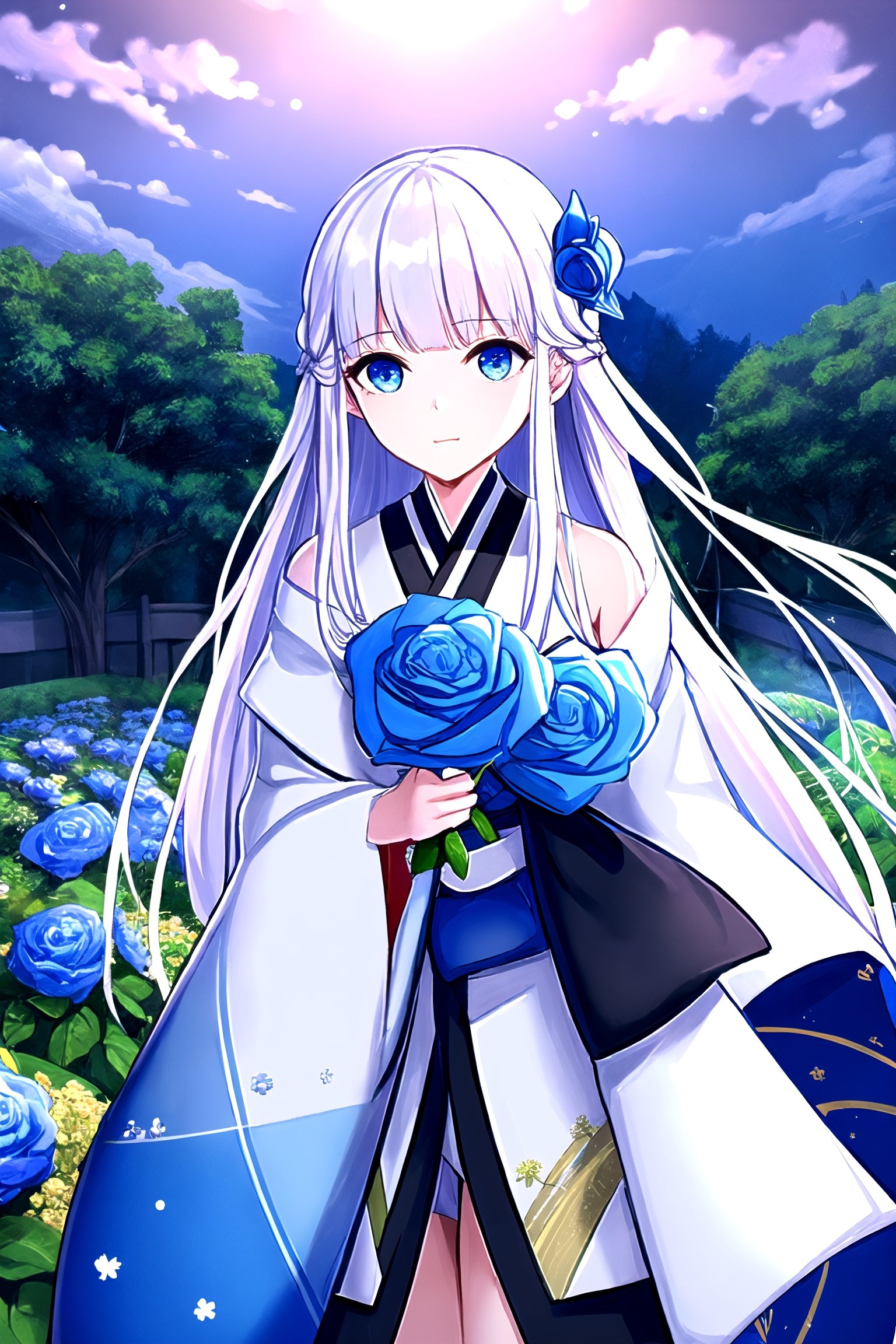 //Quality,
masterpiece, best quality
,//Character,
1girl, solo
,//Fashion,
,//Background,
night, Rose garden
,//Others,
 blue roses, 1girl,,Yuki Onna,  japanese kimono, bare shoulder, light blue hair, extremely long hair, blue eyes, hair ornament, blue ribbon, blue earring,