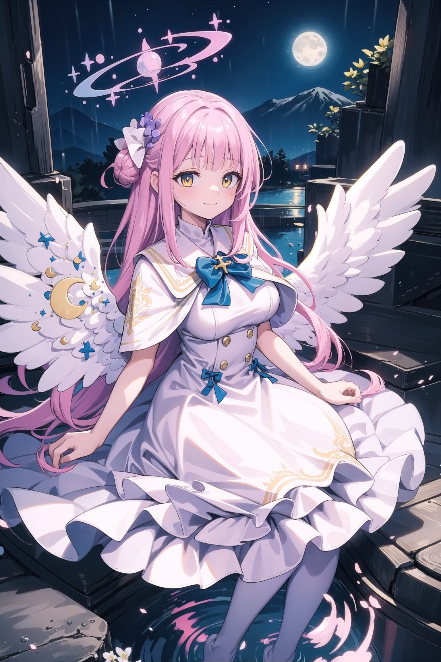 vibrant colors, 1angel, masterpiece, sharp focus, best quality, depth of field, cinematic lighting, ((solo, one woman )), (illustration, 8k CG, extremely detailed), masterpiece, ultra-detailed,  pink hair, long hair,  , yellow eyes, medium breast, sleepy smile, ,  background (flings rocks, rain from sky, blu moon, moon light),, ,mikadef, low angel wings