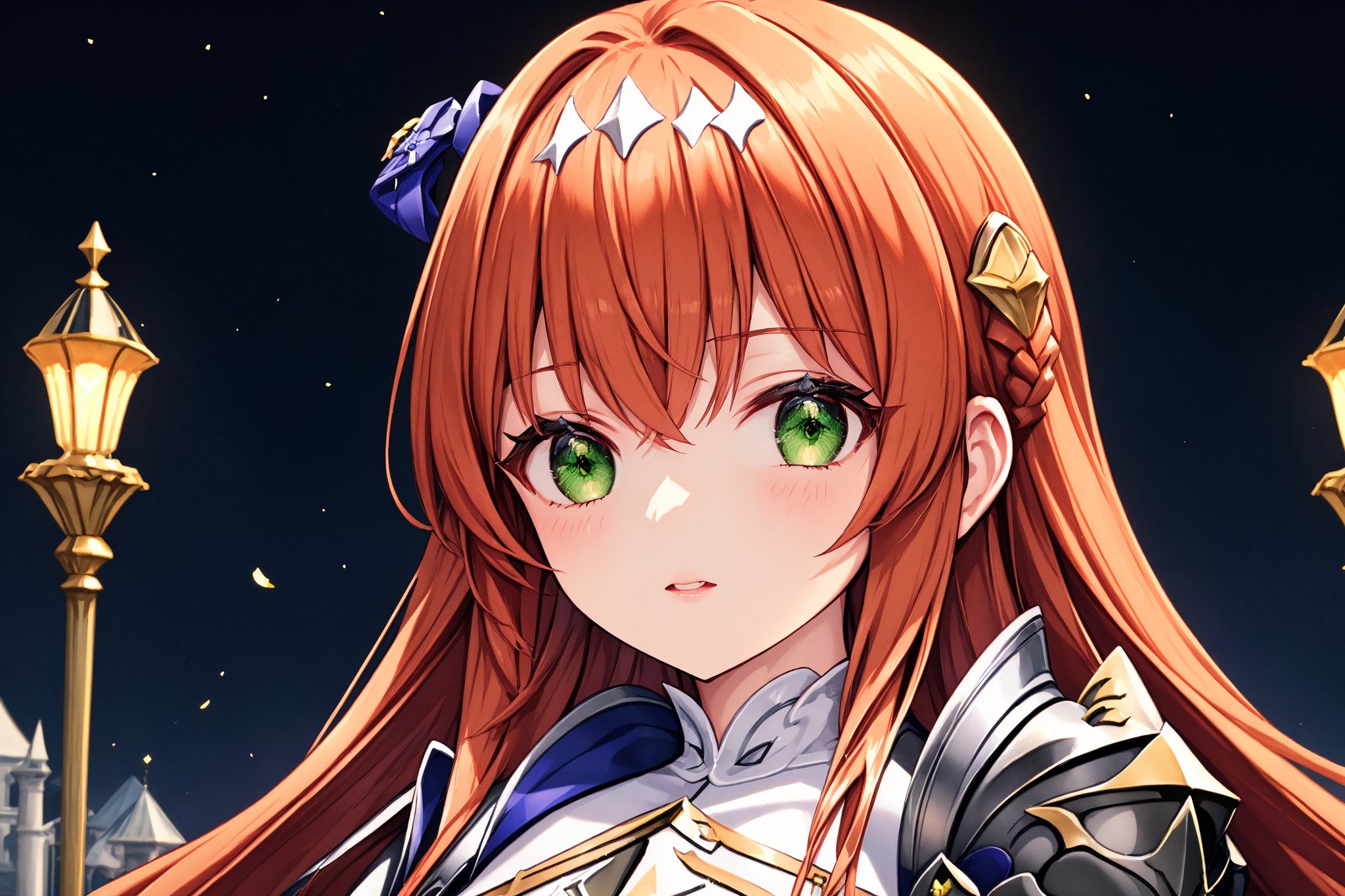 extremely excellent composition,detail processing,8k Ultra HD,visual appeal,intricate details background,delicate facial features,extremely detailed eyes,1girl,Lightbringer,Neo Elma,orange hair,very long hair,green eyes,(hair ornament:1.2),silver armor,female knight,gauntlet, 25 years old, mature female, castle background, night time, (three lozenge-shaped ornament:1.2)