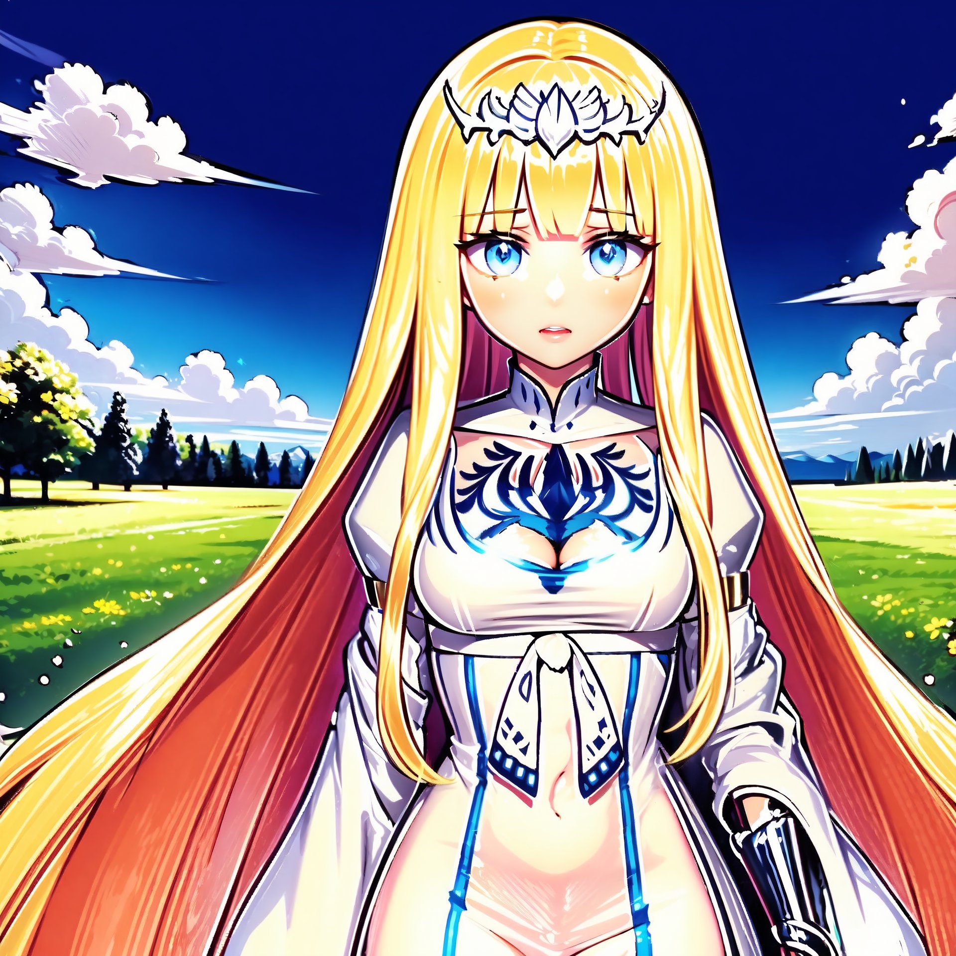 Very beautiful and charming girl. She is very badass. She has beautiful long hair.   1girl, solo, Calca, Calca Bessarez, blonde hair, (extremely long hair:1.4), very long hair, white tiara, white dress, blue eyes, medium chest, extremely long hair