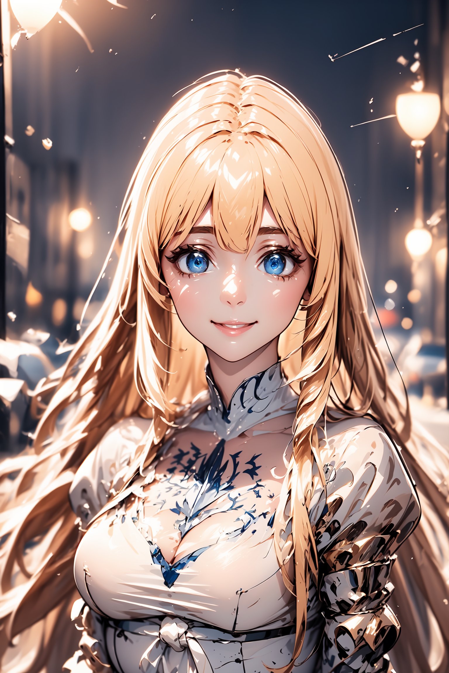 Beautiful girl.  . The background of the picture is a luxurious ancient city. Detailed eyes, detailed image, detailed skin; tender smile Proportional and beautyful body. It's nightime.,pastelbg,Beautiful,  Calca, 1girl, solo, calca, blonde hair, medium chest, (extremely long hair:1.3), very long hair, extra long hair, white tiara, white dress, blue eyes,Calca Bessarez,medium breast