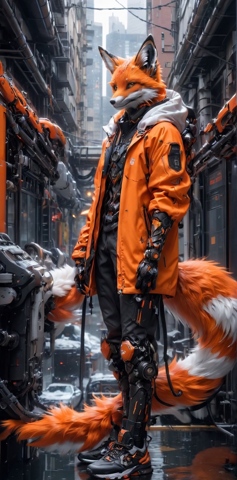 solo, looking at viewer, 1fox, standing, jacket, tail, male focus, outdoors, shoes, pants, hood, water, fox ears, fox tail, building, sneakers, furry, reflection, science fiction, city, furry male, mechanical arms, cyborg, prosthesis, fox, orange jacket, cyberpunk, mechanical legs, orange fur