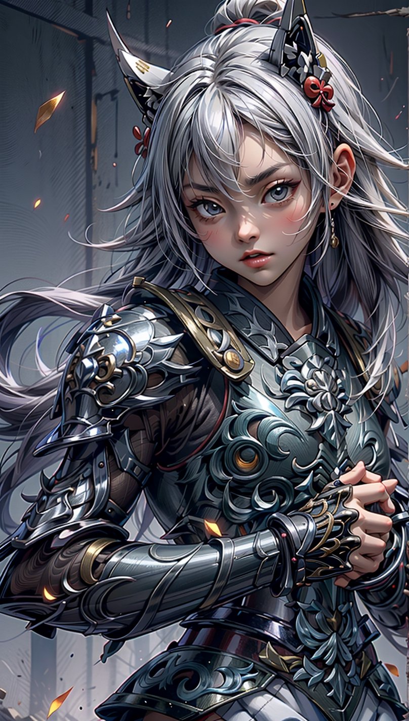 Japanese girl, samurai girl, girlish, charming eyes, long white hair, beautiful face, whole body, samurai sword swinging posture with both hands, samurai, (whole body is so complex and glowing samurai armor), holding a katana, Extreme gore, forest on fire, lots of flames around the body, bright lights, masterpiece, best quality, super detailed, fine, high resolution, sharp focus, forehead glow, perfect shadows, high score, background japanese ukiyoe, god Stormtroopers