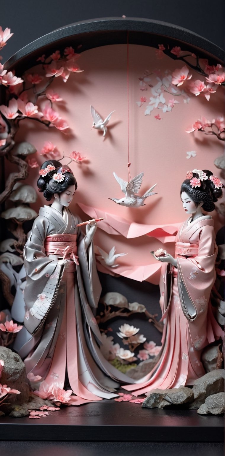 Origami geisha, diorama, Rococo-inspired, layered paper art, ethereal zen garden setting, blush pinks, Steve McCurry-like photographic sterling style influence, captured with 35mm lens, F/2.8 aperture, conveying character, sophistication, abundant detail, hyperrealism, dramatic lighting, ultra fine detail.