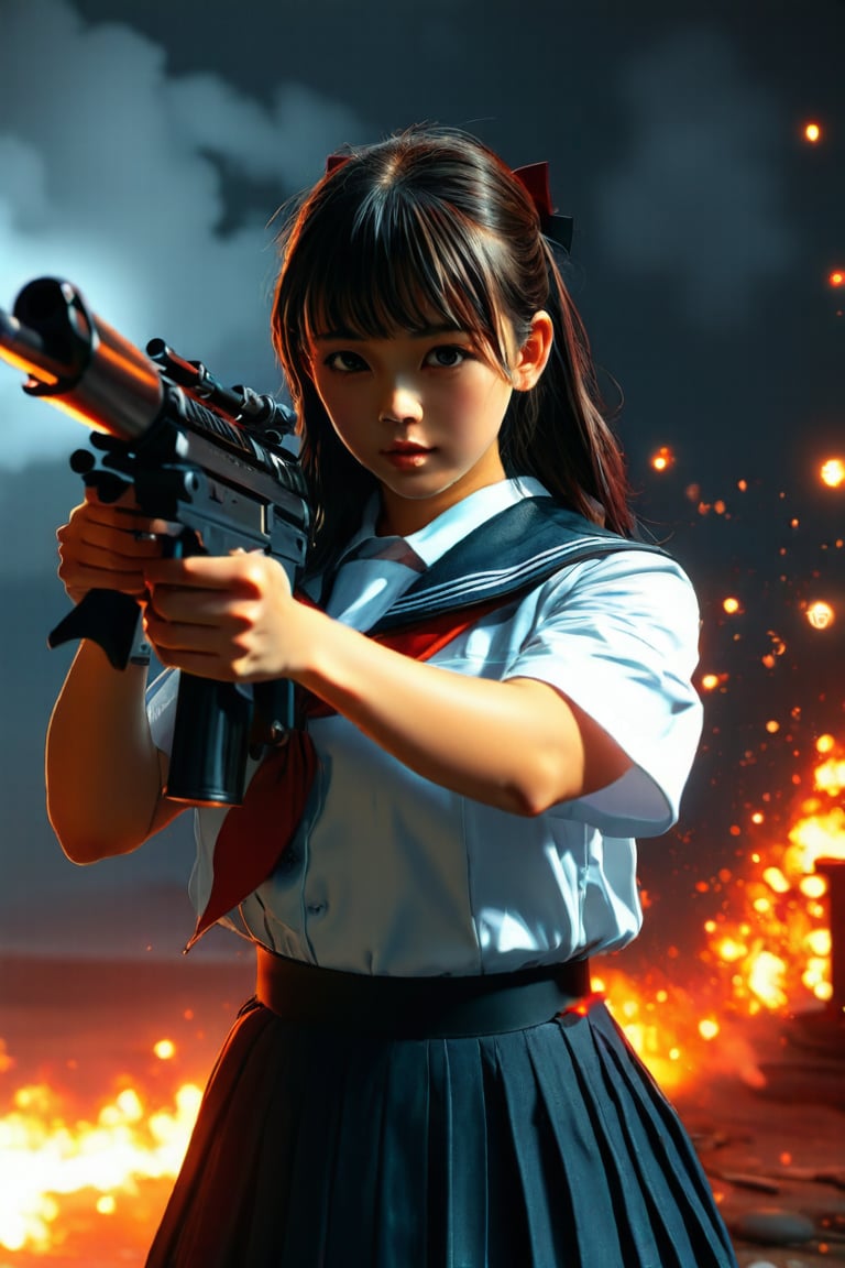 Realistic style: retrofuturism,A girl, upper body,Japanese school uniform, standing posture, the moment she fires a Barrett M82 heavy sniper rifle, she can see the bullet ejected from the barrel, the bullet must stay in a straight line with the barrel, real style, high definition 8k, master level, Movie lighting, using up the flux performance