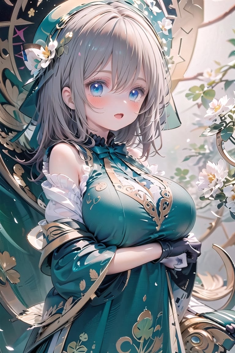 huge breasts,Masterpiece, beautiful details, perfect focus, uniform 8K wallpaper, high resolution, exquisite texture in every detail,(((background Blur: 2))),((upper body:2)),
 blue eyes, clear sparkling deep eyes, smiling, happy,open mouth,St. Patrick's Day, celts, Clover, formal hat, hat, solo, green_eyes, 1girl, long_hair, green_headwear, green_dress, brown_hair, long_sleeves, full_body, standing, smile, green_skirt, dress, looking_at_viewer, black_footwear, flower, socks, white_legwear, closed_mouth, white_flower, frills, wide_sleeves, shoes, pointy_ears, very_long_hair, bow, green_theme, gloves, green_footwear, black_gloves, sleeves_past_wrists, holding celts,((off shoulder:1.5)),
pastel,perfect light,cartoon,anime,graffiti,perona,1girl,one girl,Lucky Clover,huge breasts