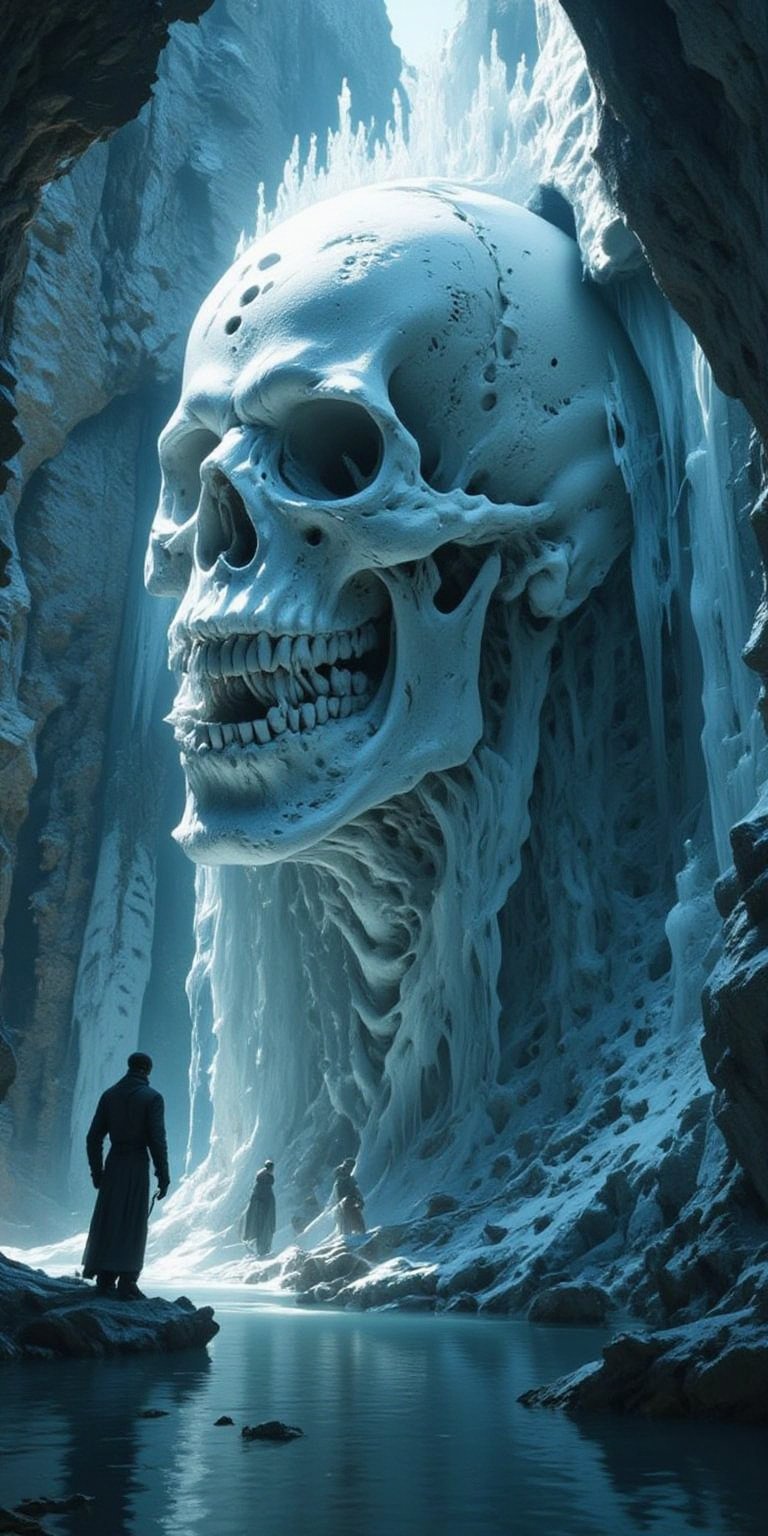 stylized dark fantasy, a skull carved into ice




