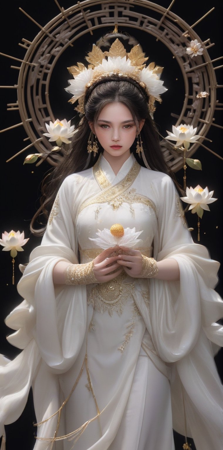 1girl, solo, long hair, black hair, hair ornament, long sleeves, dress, holding, jewelry, closed mouth, standing, closed eyes, flower, earrings, white dress, bracelet, chinese clothes, white flower, black background, facing viewer, robe, forehead mark, holding flower, hair pulled back, gold, lotus, white robe, hanfu