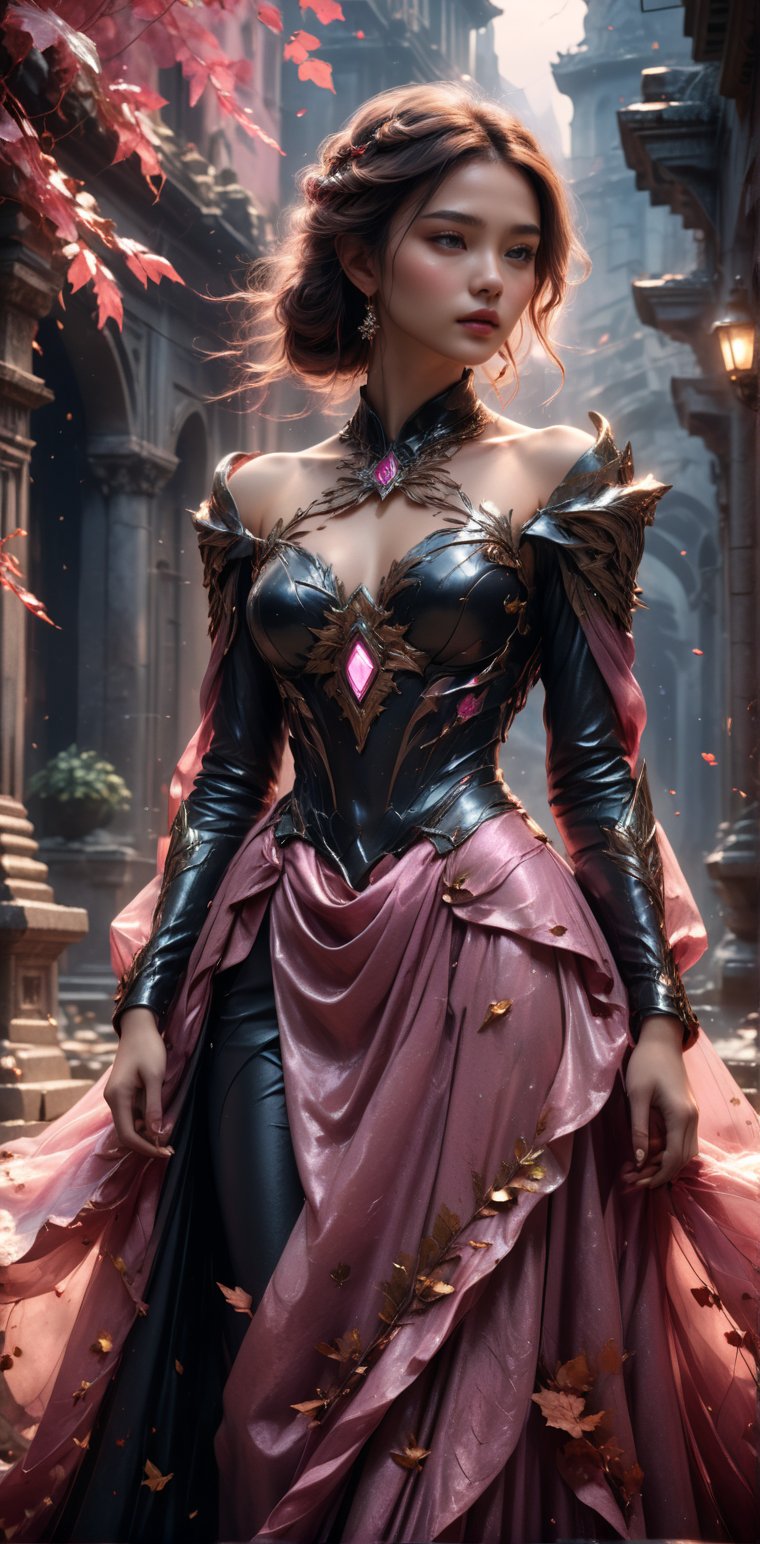 masterpiece,best quality,official art, extremely detailed CG unity 8k wallpaper,absurdres,8k resolution,exquisite facial features,prefect face,metallic luster,Cinematic Lighting

Young woman, sprawled, unconscious, elaborate pink gown cascading, amidst cracked stone, autumn leaves scattered around, dark and atmospheric ambiance, subtle interplay of light and shadow, ultra-detailed 8k, ArtStation trending visual, dark and moody atmosphere, subtle glows.