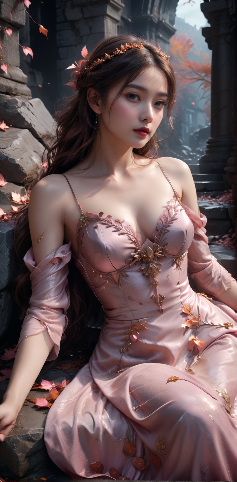 masterpiece,best quality,official art, extremely detailed CG unity 8k wallpaper,absurdres,8k resolution,exquisite facial features,prefect face,metallic luster,Cinematic Lighting

Young woman, sprawled, unconscious, elaborate pink gown cascading, amidst cracked stone, autumn leaves scattered around, dark and atmospheric ambiance, subtle interplay of light and shadow, ultra-detailed 8k, ArtStation trending visual, dark and moody atmosphere, subtle glows.