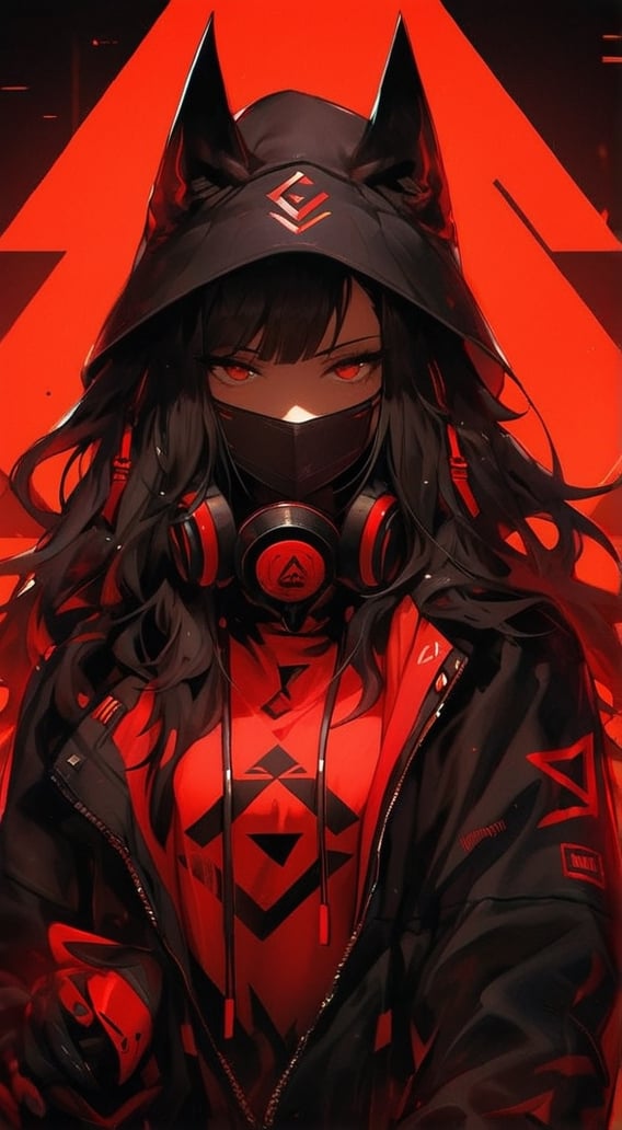 1girl, solo, long hair, looking at viewer, bangs, shirt, black hair, red eyes, long sleeves, animal ears, jacket, upper body, open clothes, hood, open jacket, black jacket, mask, headphones, wolf ears, red shirt, clothes writing, hooded jacket, red background, hood up, zipper, mouth mask, drawstring, covered mouth, headphones around neck, red theme, ears through headwear, respirator

