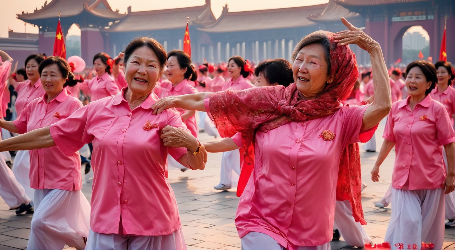 masterpiece,best quality,absurdres,exquisite facial features,,Cinematic Lighting
A group of Chinese aunts danced in the square at Tiananmen Square
 pink shirts are danced in the square, chinese square dance, 7 0 years old, 70 years old, fat,she is about 7 0 years old, 3 8 - year - old, 58yo,inspired by mom style  dance in the Tiananmen Square