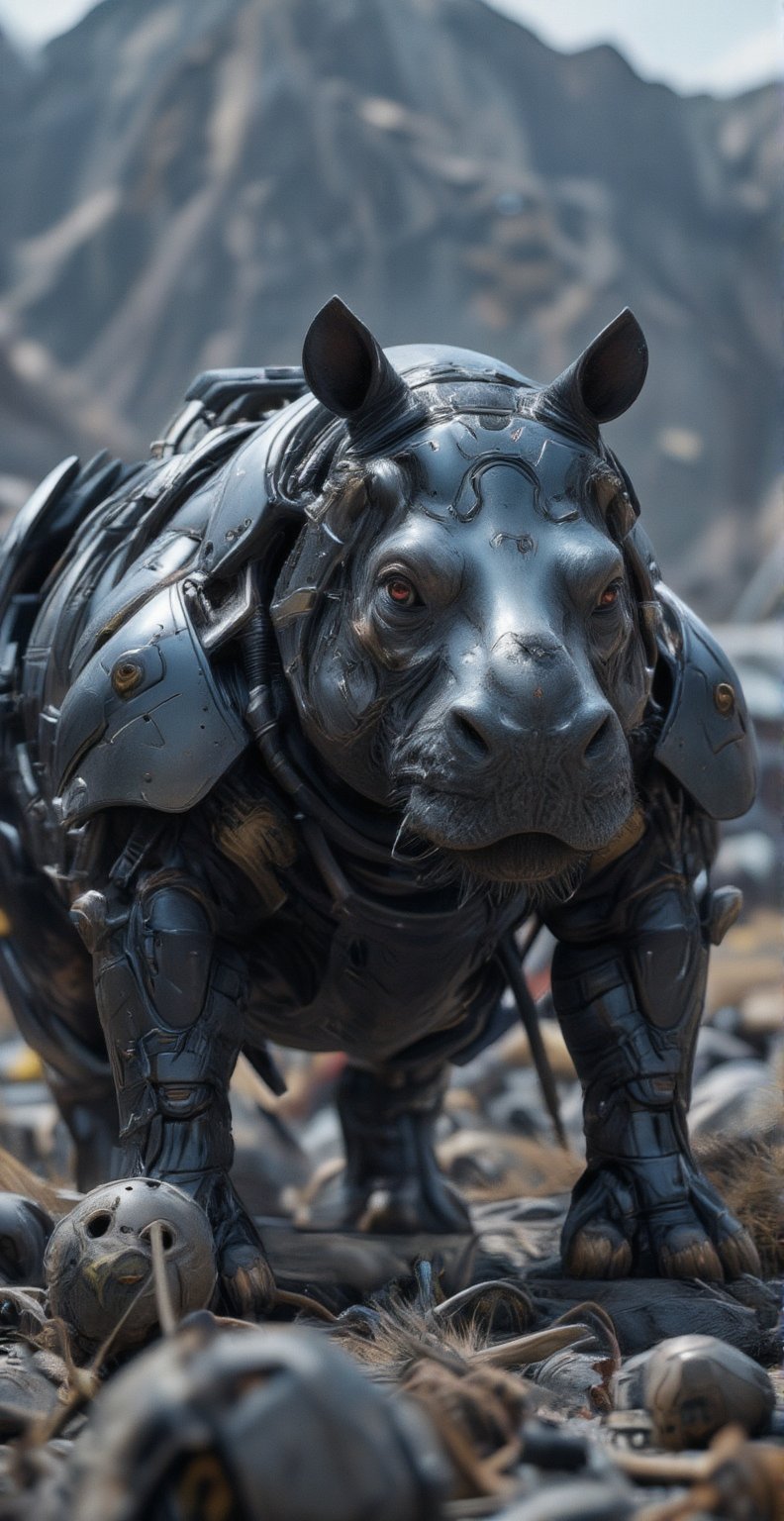 A formidable 8K image of a cyborg hippo charging through a war-torn landscape, defense weapon system for detecting and destroying short-range incoming missiles and enemy aircraft which have penetrated the outer defenses, typically mounted on a cyborg hippo its left side replaced by advanced cybernetics that feature realistic skin textures and integrated heavy weaponry.The rhino's organic right eye bears an artificial silver iris, indicating advanced targeting systems and remote-controlled capabilities,Cyborg blue style
