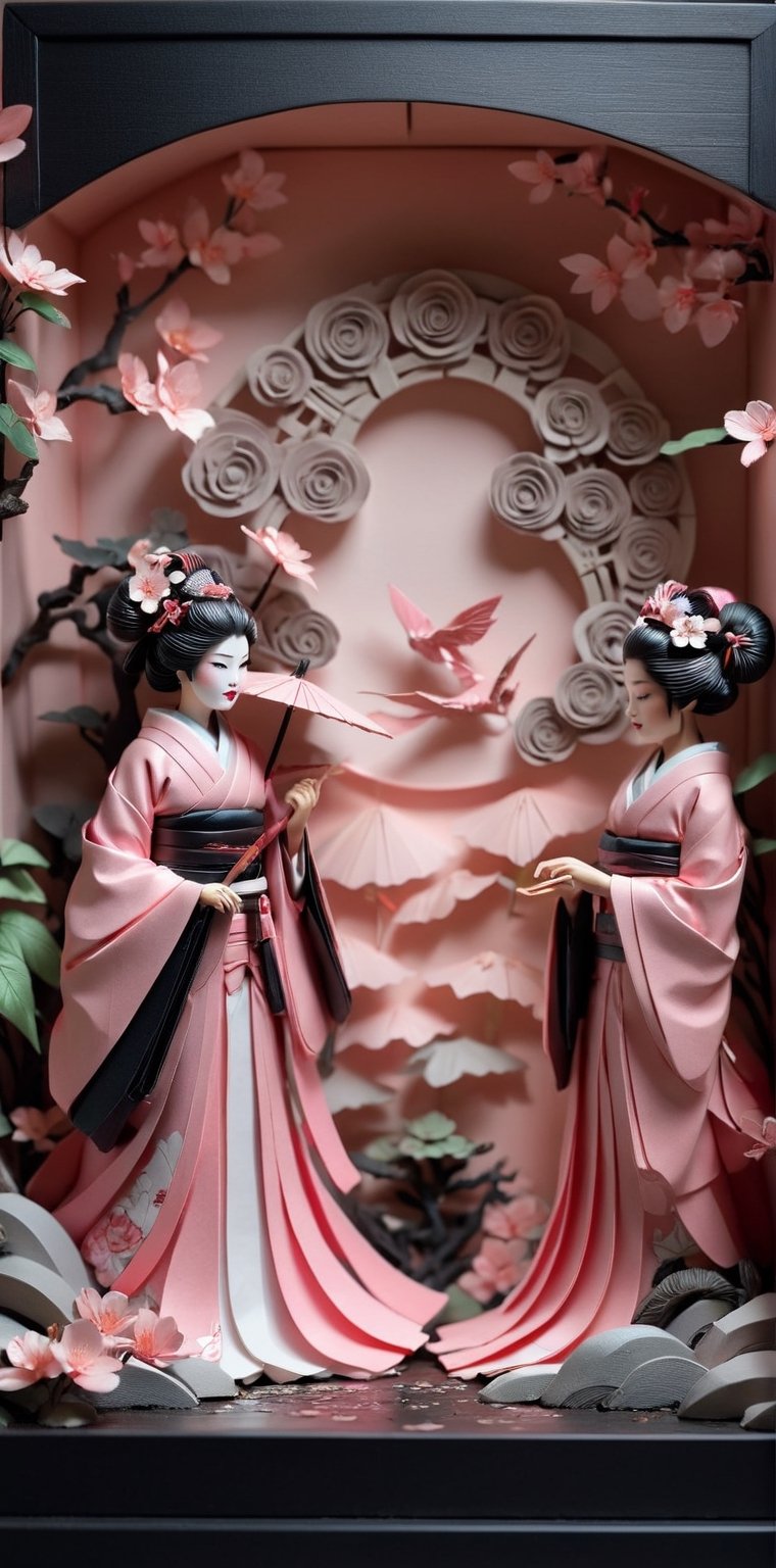 Origami geisha, diorama, Rococo-inspired, layered paper art, ethereal zen garden setting, blush pinks, Steve McCurry-like photographic sterling style influence, captured with 35mm lens, F/2.8 aperture, conveying character, sophistication, abundant detail, hyperrealism, dramatic lighting, ultra fine detail.