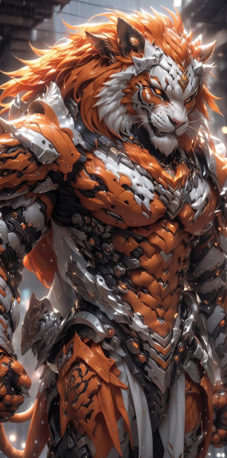 solo, long hair, looking at viewer, 1lion, animal ears, male focus, orange hair, armor, blurry, muscular, feet out of frame, scar, pectorals, muscular male, shoulder white armor, bara, pelvic curtain, furry, clenched hands, large pectorals, rain, furry male, tiger ears, lion boy, orange fur