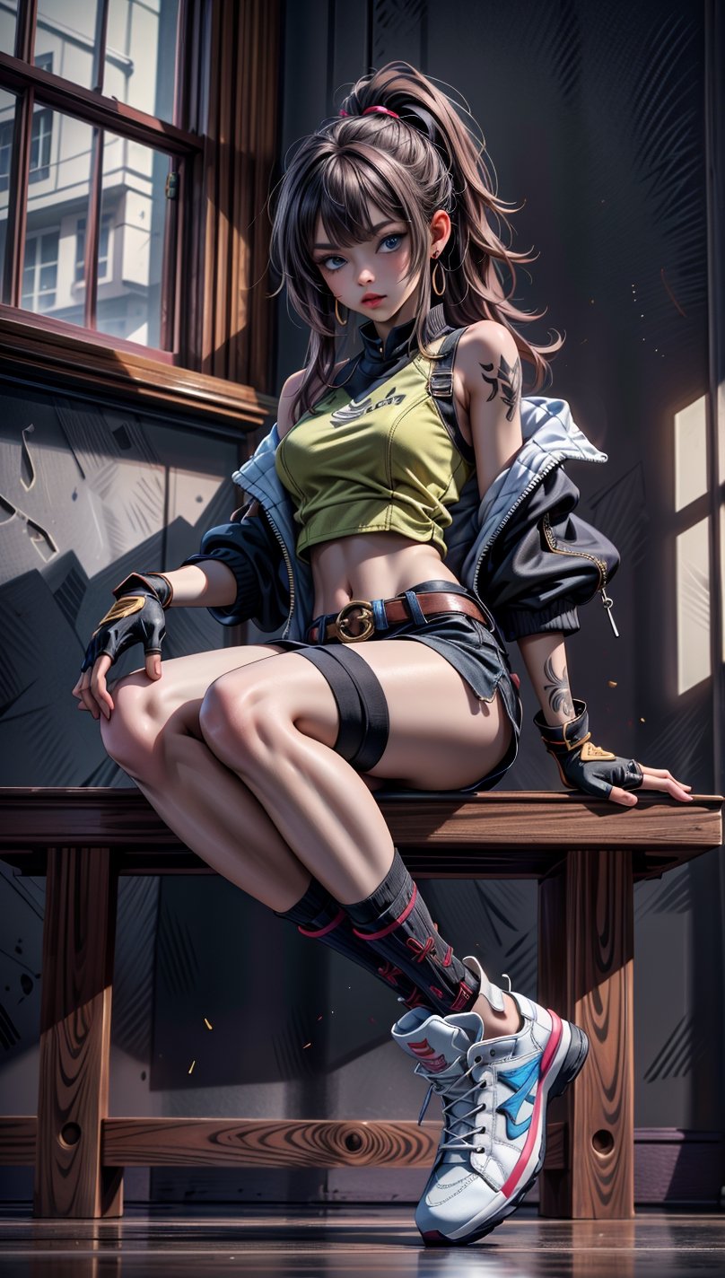 ((masterpiece, high quality, best quality, 8k, fine lineart, highly detailed, absurdres)), body tattoo, 1girl, solo, long hair, breasts, looking at viewer, bangs, blue eyes, brown hair, shirt, gloves, bare shoulders, jewelry, medium breasts, sitting, jacket, full body, ponytail, earrings, boots, shoes, shorts, sleeveless, black gloves, socks, belt, indoors, fingerless gloves, off shoulder, lips, crop top, bare legs, black shorts, from below, sunlight, black socks, sneakers, yellow shirt, ankle boots
