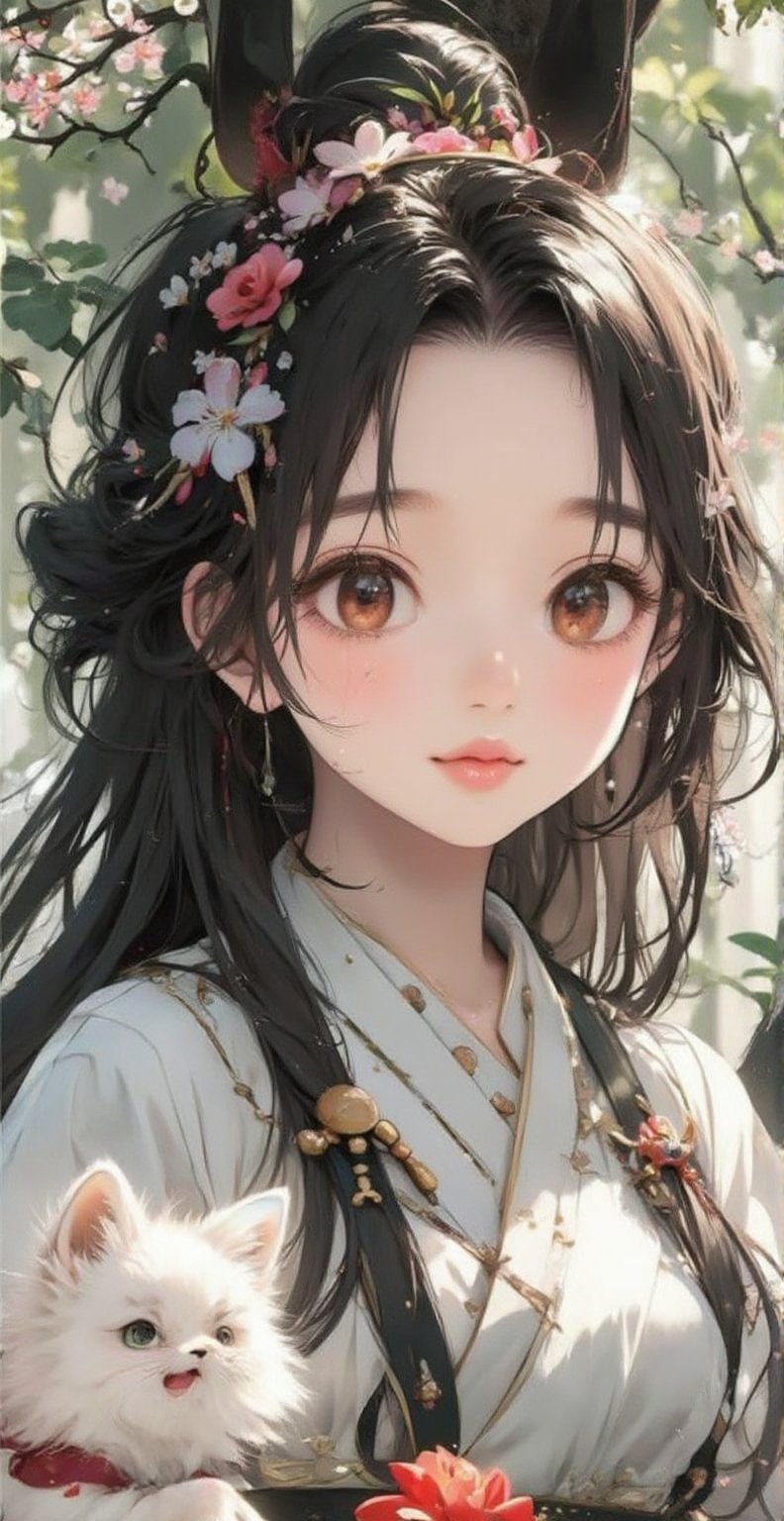 masterpiece,best quality,official art, extremely detailed CG unity 8k wallpaper,absurdres,8k resolution,exquisite facial features,prefect face,Cinematic Lighting Cyberpunk"A girl with long hair in a white shirt, hanfu, artificial intelligence princess, beautiful makeup, beautiful realistic photo, beautiful woman, unusually unique beauty, beautiful Alice Gainsborough, anime wallpaper, inspired by Lu Zhi Sakura Next to the tree there is a beautiful white fox as tall as his new model\nmasterpiece,best quality,official art, extremely detailed CG unity 8k wallpaper,absurdres,8k resolution,exquisite facial features,prefect face,Cinematic Lighting"
Chibi-chan