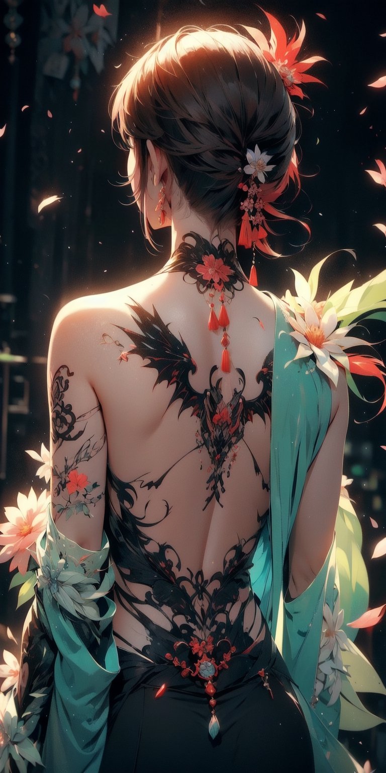 Super detailed masterpiece 8k, realistic, 1 girl, (beautiful face)++ A girl, (showing off her entire back with superb Japanese dragon ,phoenix ,flower,tattoo), yakuza style, bright colors, dragon, cherry blossoms, Mount Fuji, geisha god Wind Squad Red Sunwave is simply a work of art and so much more. Fills the entire back. Close-up on her back, contrasting with the girl's beautiful lines on a simple Japanese style background,more detail XL,glass