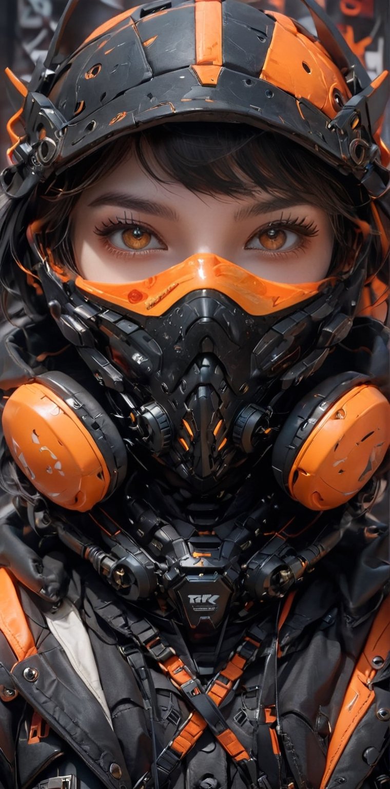 1girl, solo, looking at viewer, short hair, black hair, hat, jacket, upper body, hood, black eyes, mask, helmet, mouth mask, orange headwear, orange theme, cyberpunk