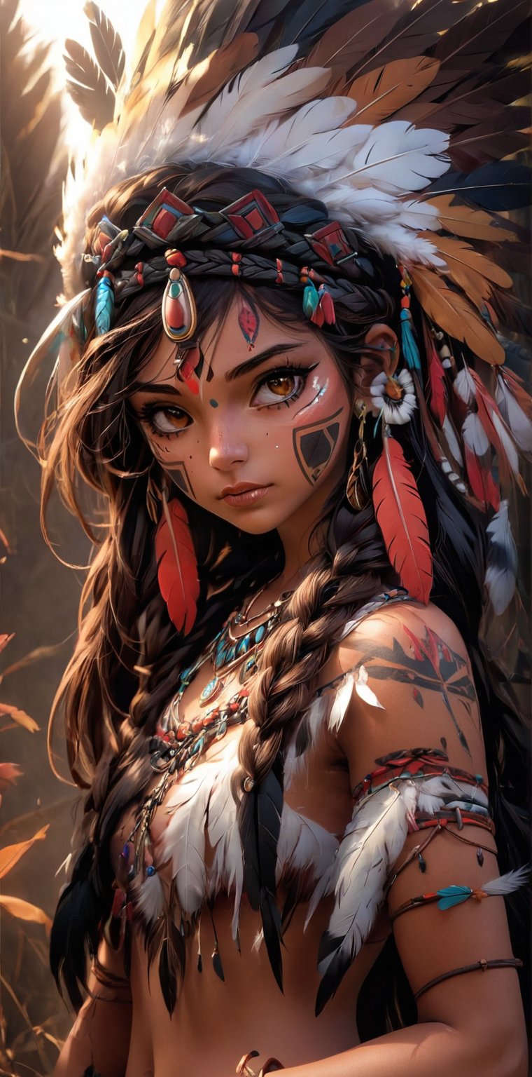 1girl, solo, long hair, breasts, looking at viewer, brown hair, black hair, hair ornament, brown eyes, jewelry, closed mouth, upper body, braid, earrings, dark skin, necklace, dark-skinned female, headband, facial mark, feathers, headdress, feather hair ornament, facepaint, tribal, native american