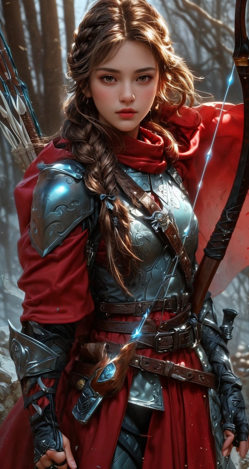 1girl, solo, long hair, looking at viewer, brown hair, hair ornament, gloves, holding, brown eyes, standing, weapon, braid, cowboy shot, belt, fingerless gloves, cape, holding weapon, armor, lips, single braid, brown gloves, bow \(weapon\), arrow \(projectile\), red cape, holding bow \(weapon\), quiver