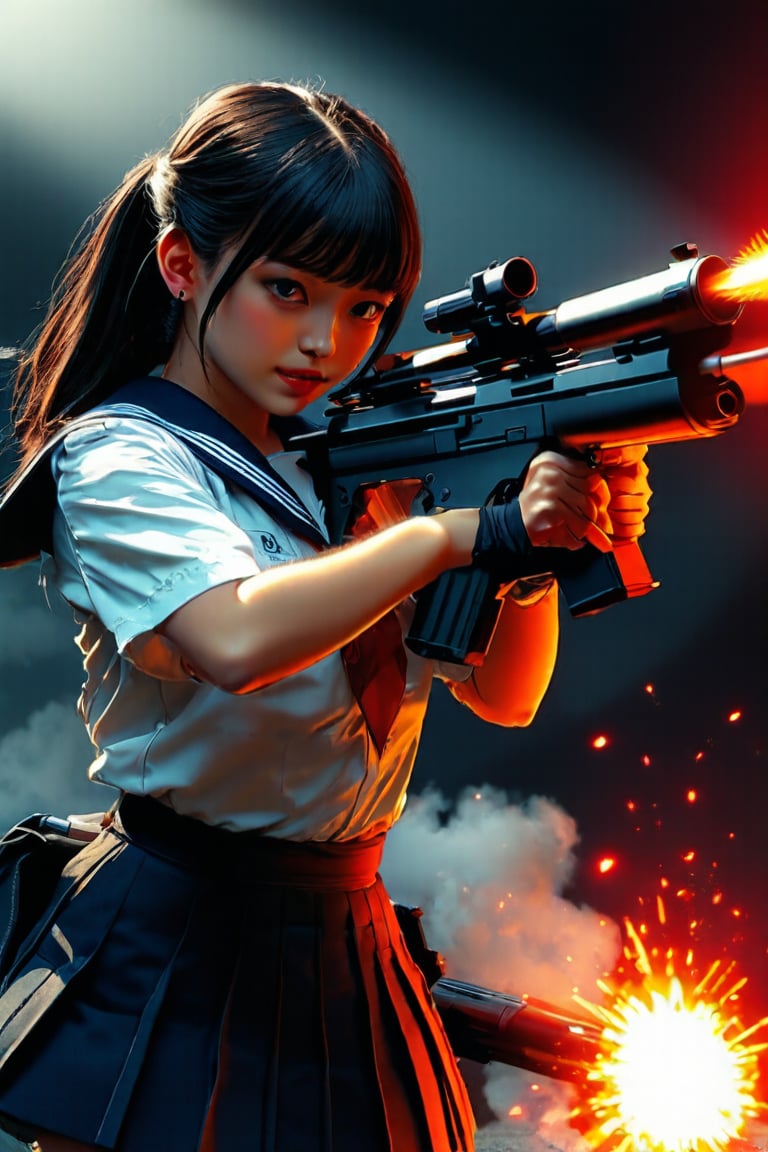 Realistic style: retrofuturism,A girl, upper body,Japanese school uniform, standing posture, the moment she fires a Barrett M82 heavy sniper rifle, she can see the bullet ejected from the barrel, the bullet must stay in a straight line with the barrel, real style, high definition 8k, master level, Movie lighting, using up the flux performance