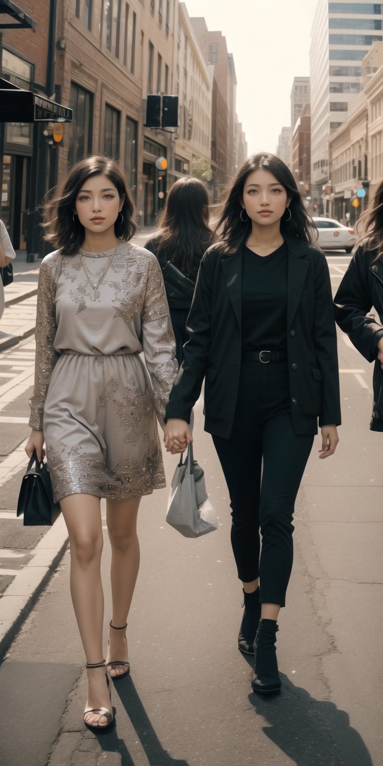 filmic photo of a group of three women on a street downtown, they are holding their hands up the camera
