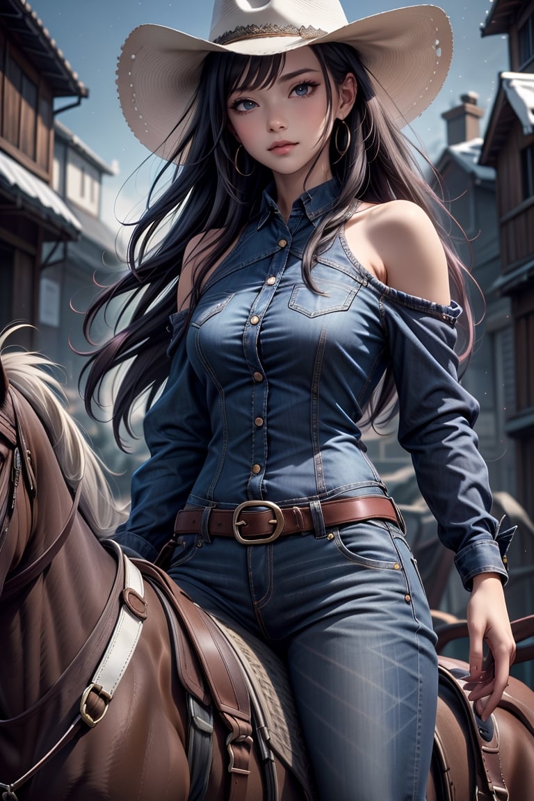 1girl, solo, long hair, breasts, shirt, black hair, hat, braid, pants, off shoulder, denim, jeans, riding, tied shirt, horse, cowboy hat, arctic foxback riding, cowboy western, saddle