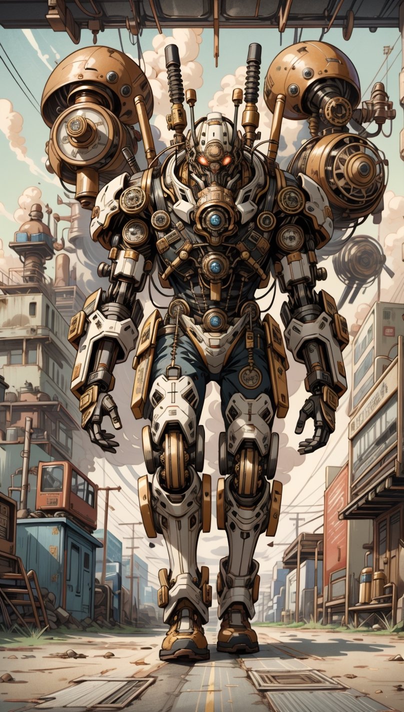 Illustration of a steampunk explorer in a post apocalyptic setting, surrounded by machine parts, mechanical UI, and post apocalyptic landscapes, Surreal steampunk Art Style, Influenced by Deviantart and Ghost in the Shell anime,Render 
