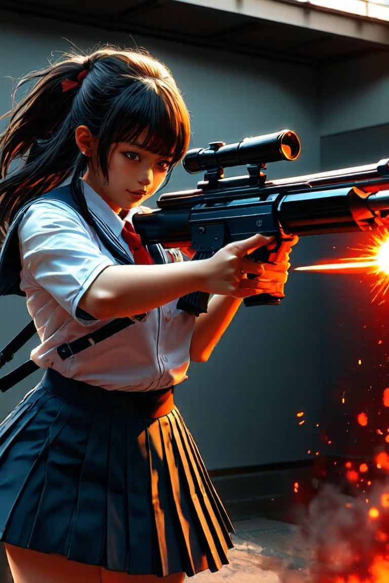 Realistic style: retrofuturism,A girl, upper body,Japanese school uniform, standing posture, the moment she fires a Barrett M82 heavy sniper rifle, she can see the bullet ejected from the barrel, the bullet must stay in a straight line with the barrel, real style, high definition 8k, master level, Movie lighting, using up the flux performance