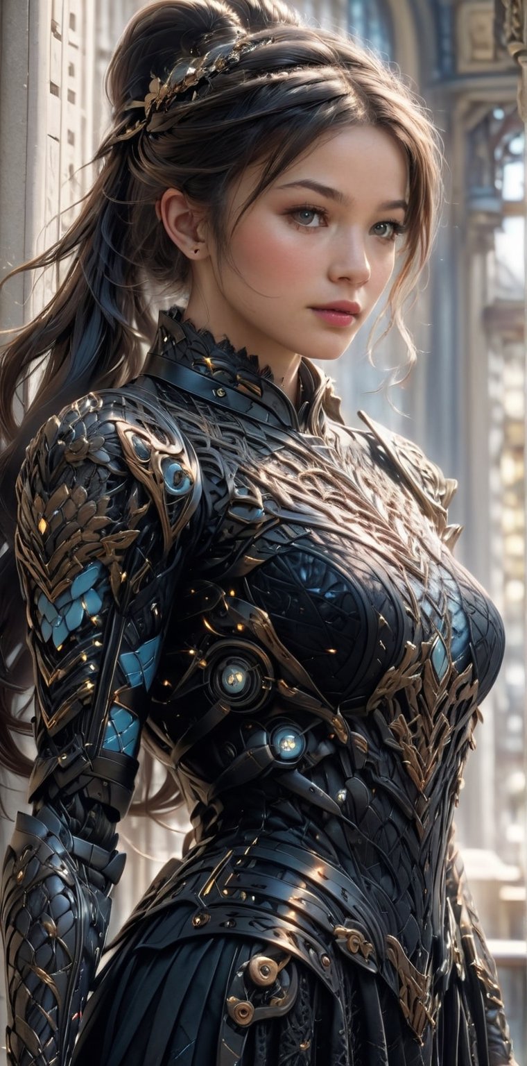 ((Generate hyper realistic half body image of a stunning 20 year old girl,)) black lace dress extremely rich in intricate details, long dark hair in a ponytail, light blue eyes, meaningful colors,16k resolution, masterpiece, highly complex setting,dynamic lighting, breathtaking, lovely photography style, Extremely Realistic,