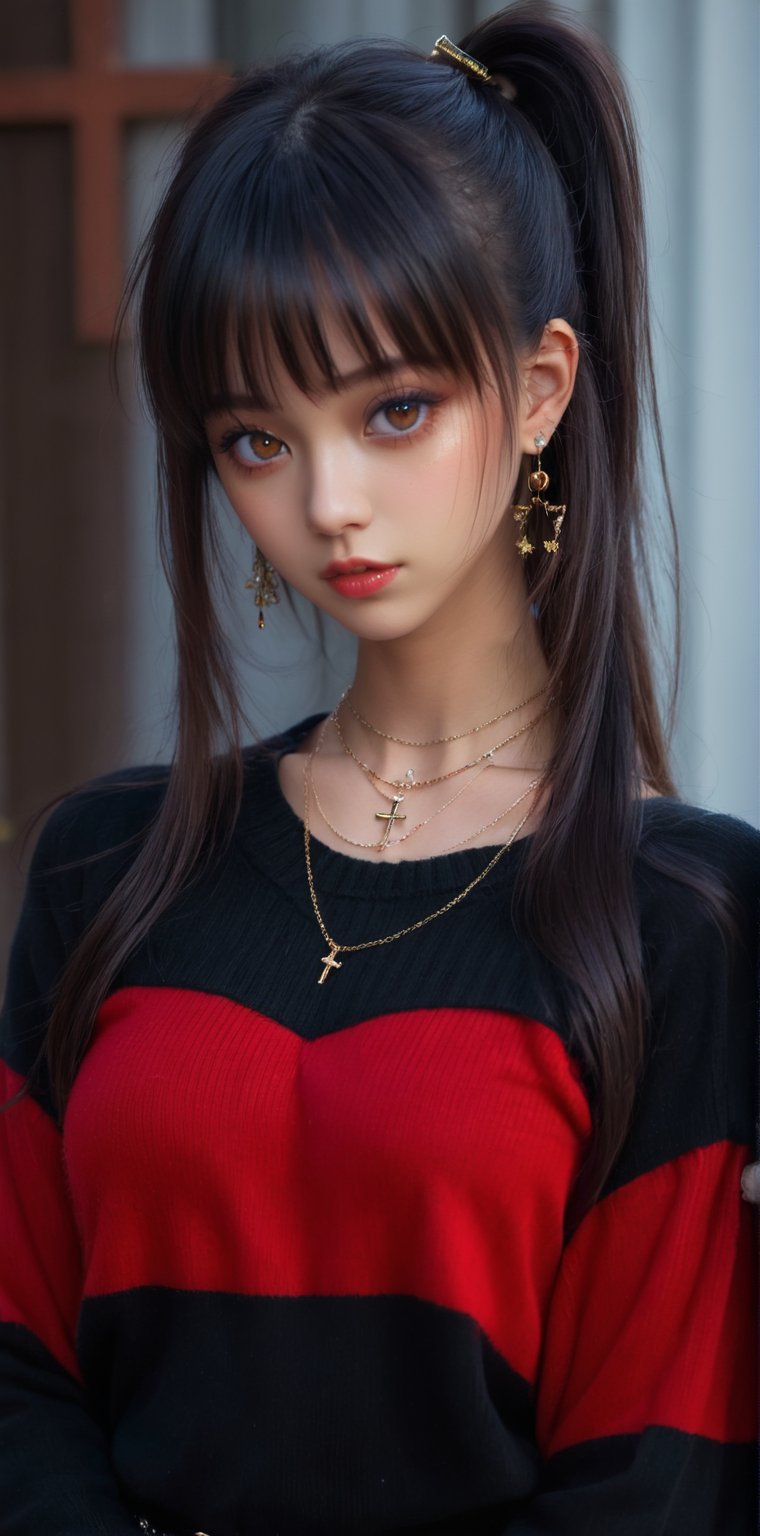 1girl, solo, long hair, breasts, looking at viewer, bangs, skirt, black hair, red eyes, jewelry, closed mouth, upper body, ponytail, sidelocks, earrings, blunt bangs, necklace, mole, sweater, mole under eye, makeup, heterochromia, piercing, cross, ear piercing, black sweater, cross necklace, cross earrings