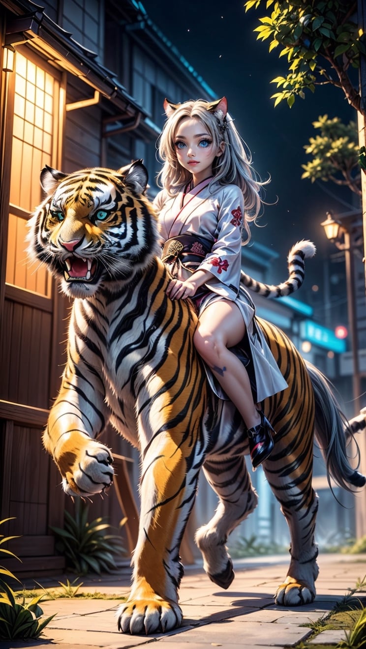(((Japanese style, blue eye lenses))), cat y((((smile, artist, bad cat girl))). The result is a rebellious, hyper-realistic 4K full-body painting of a young anime girl with Japanese features, striking blue eyes, long white hair and a smiling expression. This intricately detailed illustration, inspired by Carne Griffiths and Wadim Kashin, wears a gothic white dress and white heels. (((She is riding on a tiger  the tiger))). Fisheye angle. very beautiful. At midnight. Glowing Mushroom Forest uses cinematic effects, spotlights, glow and bioluminescence to inject elements of glamor, realism and gritty aesthetics. Capture beautiful girls. Composites rendered in 3D using the Octane renderer,perfect,horse penis