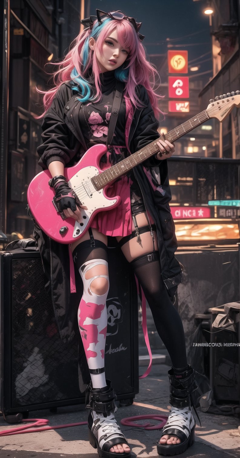 A dynamic young woman with striking multicolored hair stands confidently outdoors, her gaze directly engaging the viewer. She wears a black jacket with torn seams, open to reveal a vibrant skirt and thigh-highs with garter straps. Black fingerless gloves cover her hands as she holds an electric guitar, cable trailing behind. Her parted lips are painted with bright nail polish matching the pink hue of her eyes. A pair of mismatched, torn thigh-highs adds an edgy touch to her overall look, completed by a long hairstyle featuring blue and pink streaks.