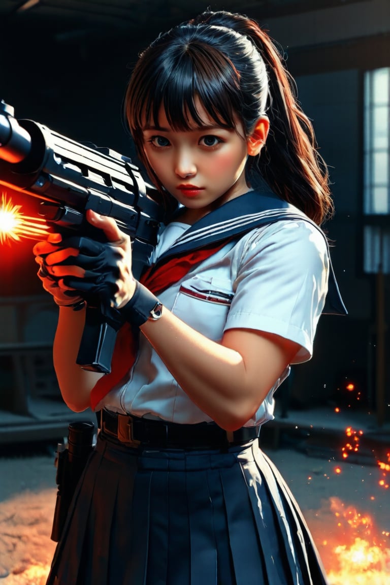 Realistic style: retrofuturism,A girl, upper body,Japanese school uniform, standing posture, the moment she fires a Barrett M82 heavy sniper rifle, she can see the bullet ejected from the barrel, the bullet must stay in a straight line with the barrel, real style, high definition 8k, master level, Movie lighting, using up the flux performance