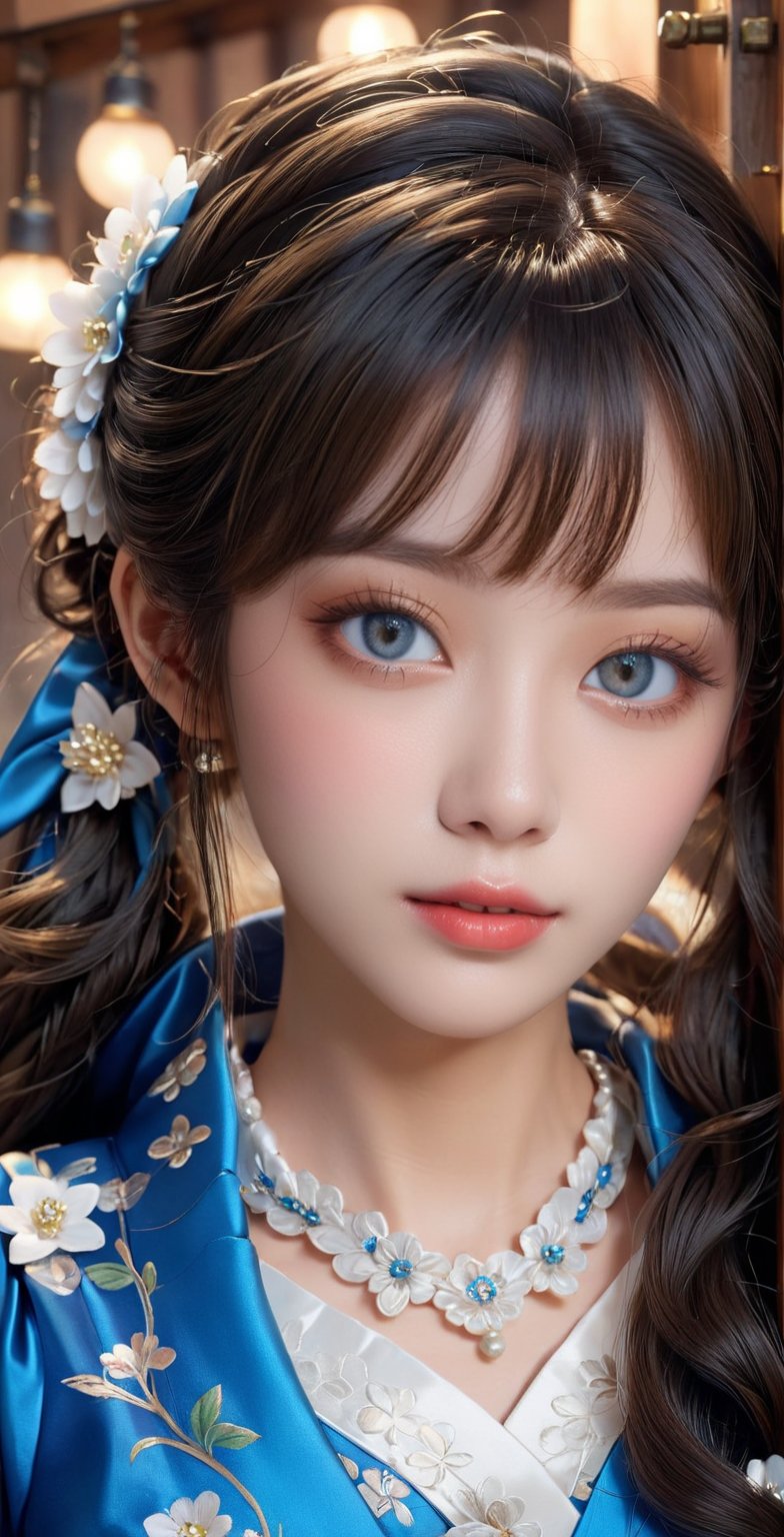 a doll with a blue dress and a white flower, popular korean makeup, popular south korean makeup, ulzzang, korean hanbok, realistic cute girl painting, anime barbie doll, portrait of female korean idol, asian beautiful face, korean idol, beautiful makeup, soft makeup, kawaii hairstyle, by Lü Ji, photorealistic anime girl render, detailed anime soft face