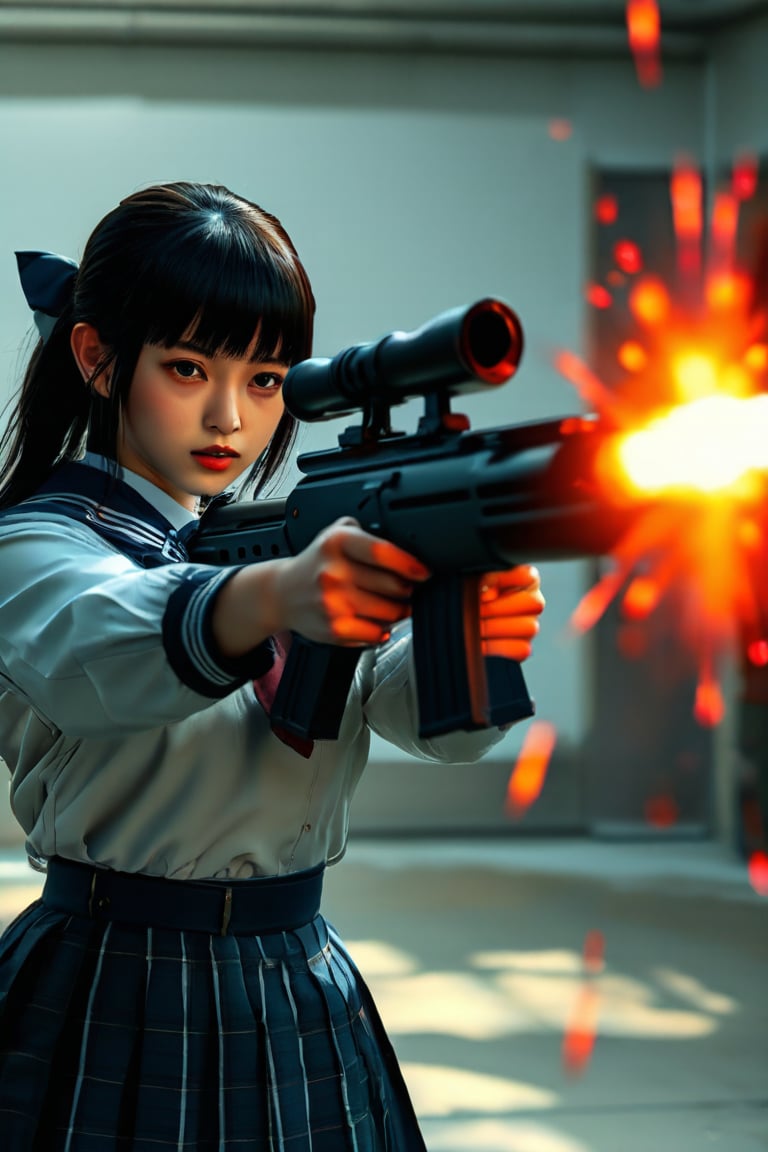 Realistic style: retrofuturism,A girl, upper body,Japanese school uniform, standing posture, the moment she fires a Barrett M82 heavy sniper rifle, she can see the bullet ejected from the barrel, the bullet must stay in a straight line with the barrel, real style, high definition 8k, master level, Movie lighting, using up the flux performance