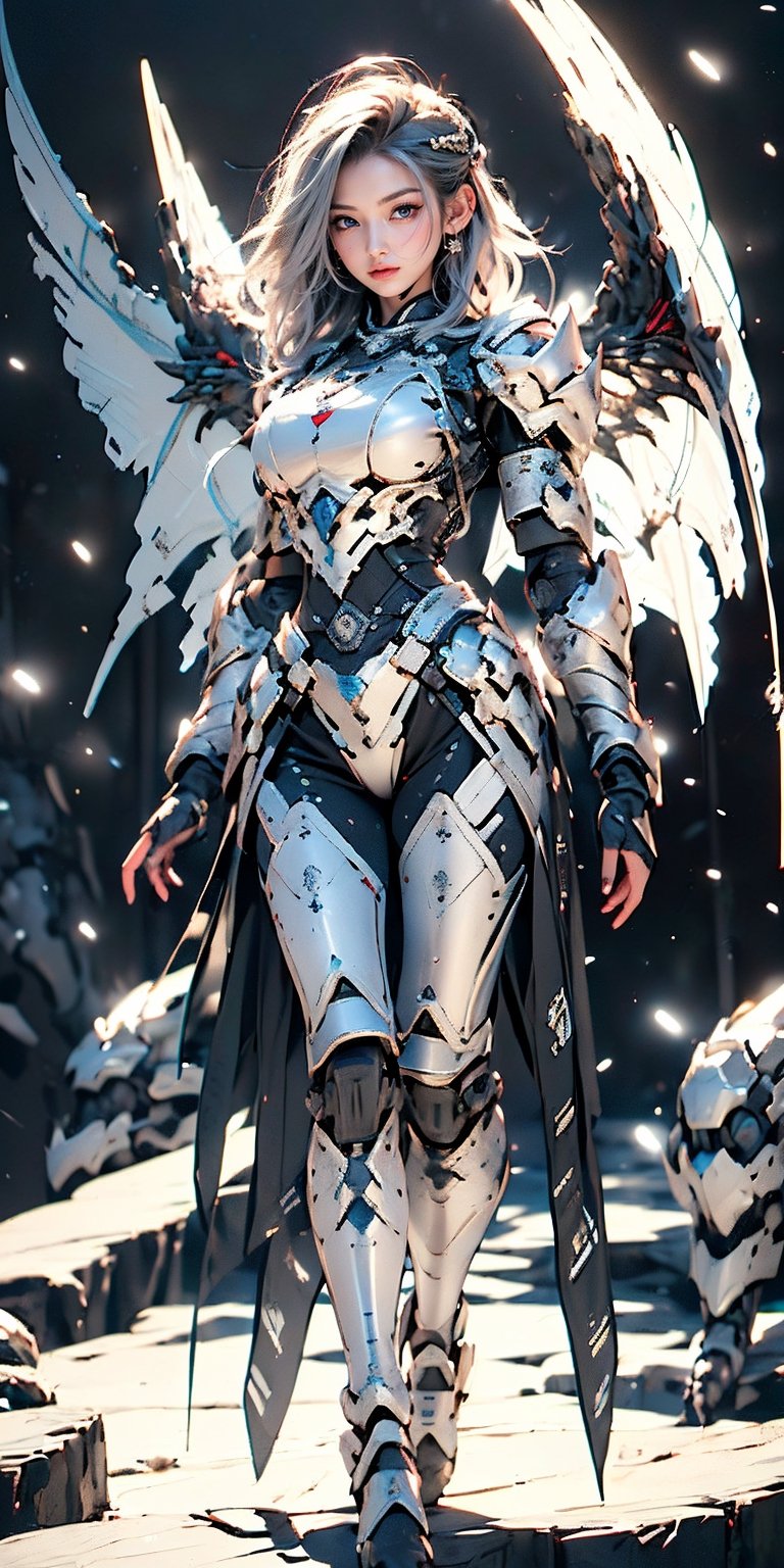 4k,ultra detailed, best quality, masterpiece, 18yo 1girl, ((Full body armor,complex multi-layered mecha armor, scale armor, many complex armor elements, ultra light tight armor, no helmet, insane detail full leg armor)) ((( huge long wings ,1black other is white:1.5)))blue hair,diagonal bangs,french braid,hime_cut,long hair,red neckerchief,canine teeth

 (Beautiful and detailed eyes),
Detailed face, detailed eyes, double eyelids, real hands, ((short hair with long locks:1.2)), ,meteor shower black background,


real person, color splash style photo,
,dragon ear,cool,huge breasts