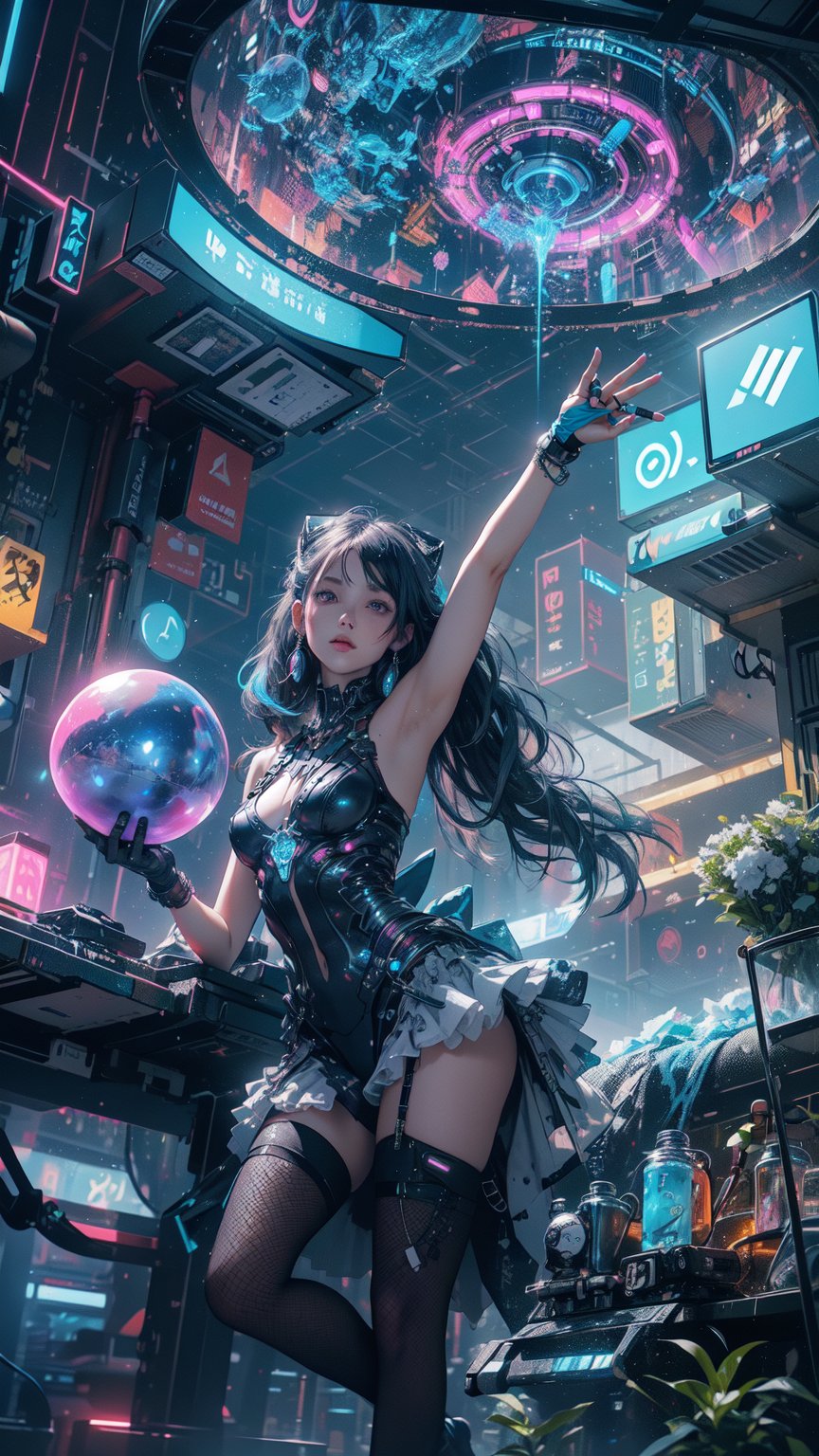 A curious girl with a led ball of vibrant cyber stands amidst a fantastical landscape inspired by cyber led neon lighting cyber city. In the background, few neon signs, cgsociety - n 5, neon sign,neon light, colorful neon signs, gigantic neon signs, neon electronic signs, cyberpunk ,a glowing cyber  cityscape stretches towards the sky,japanese cyber neon signs, cyber led neon lighting,illuminated by an ethereal blue light. , as if showcasing her own little patch of wonder in this surreal science fiction world.,cool