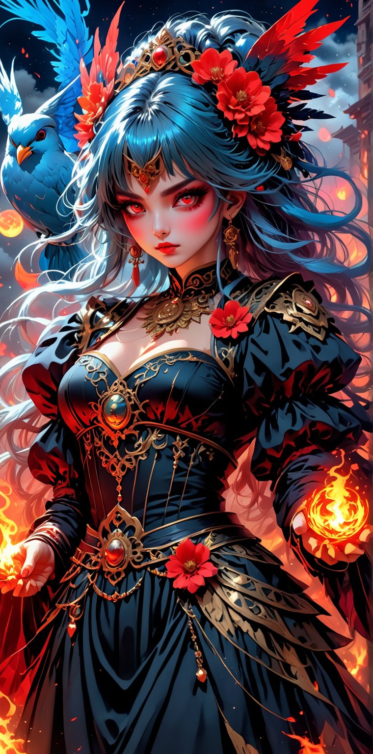 In a majestic, cinematic framing, a dark magician girl stands majestically against a cloudy sky with a red moon and fire clouds. Her striking features are illuminated by a beautiful, detailed glow, highlighting her large forehead, flower-adorned headpiece, and big sleeves. Her black dress is adorned with white gloves and a midriff-baring design. A dove of peace floats in the air above her, surrounded by floating ashes and smoke from gunpowder. Her expressionless face features beautiful, detailed eyes, with disheveled azure hair and long bangs framing her face. The overall composition is set ablaze by fiery explosions in the background, with a sense of burning intensity radiating from the dark magician girl's very presence.