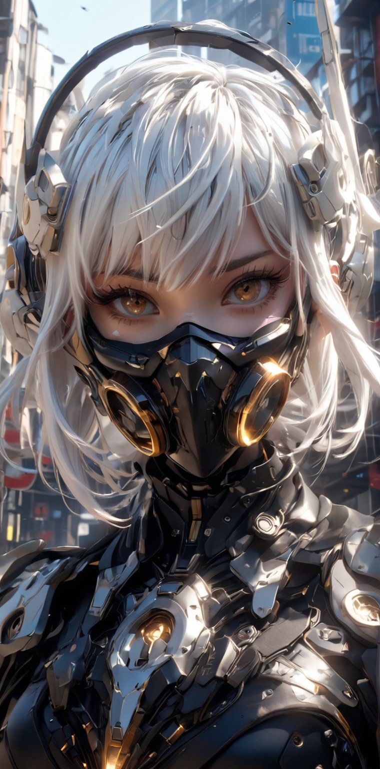 score_9, score_8_up, score_7_up, white hair,realistic skin texture, detailed anime, HD32k,1girl, solo, looking at viewer, short hair, bangs, mask, headgear, city battlefield, science fiction, covered mouth, mechanical ears, photography, closeup of face
