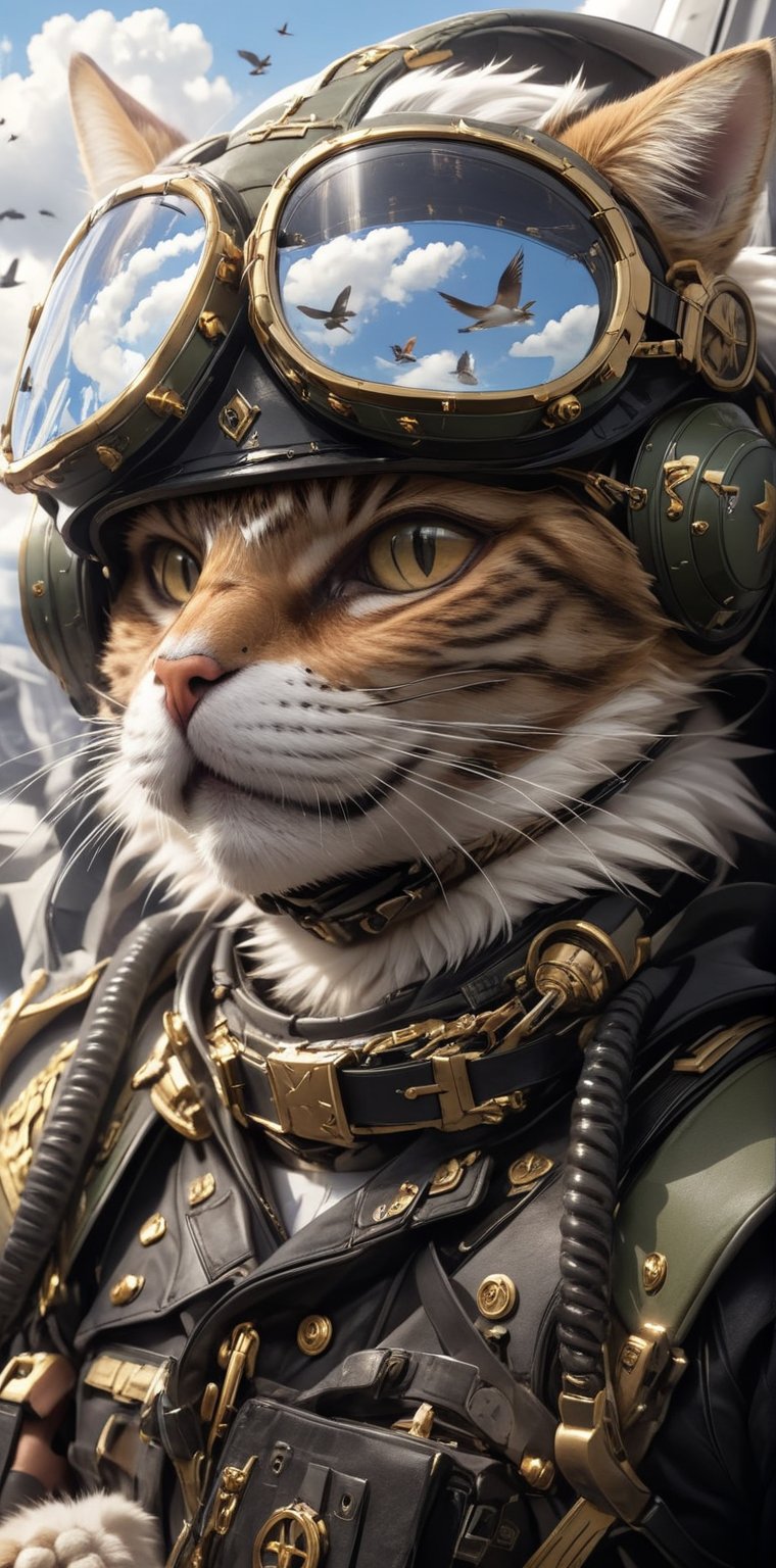 solo, 1boy, animal ears, male focus, sky, cloud, uniform, collar, military, military uniform, bird, animal, cat, helmet, goggles, furry, in aircraft, , whiskers, pilot