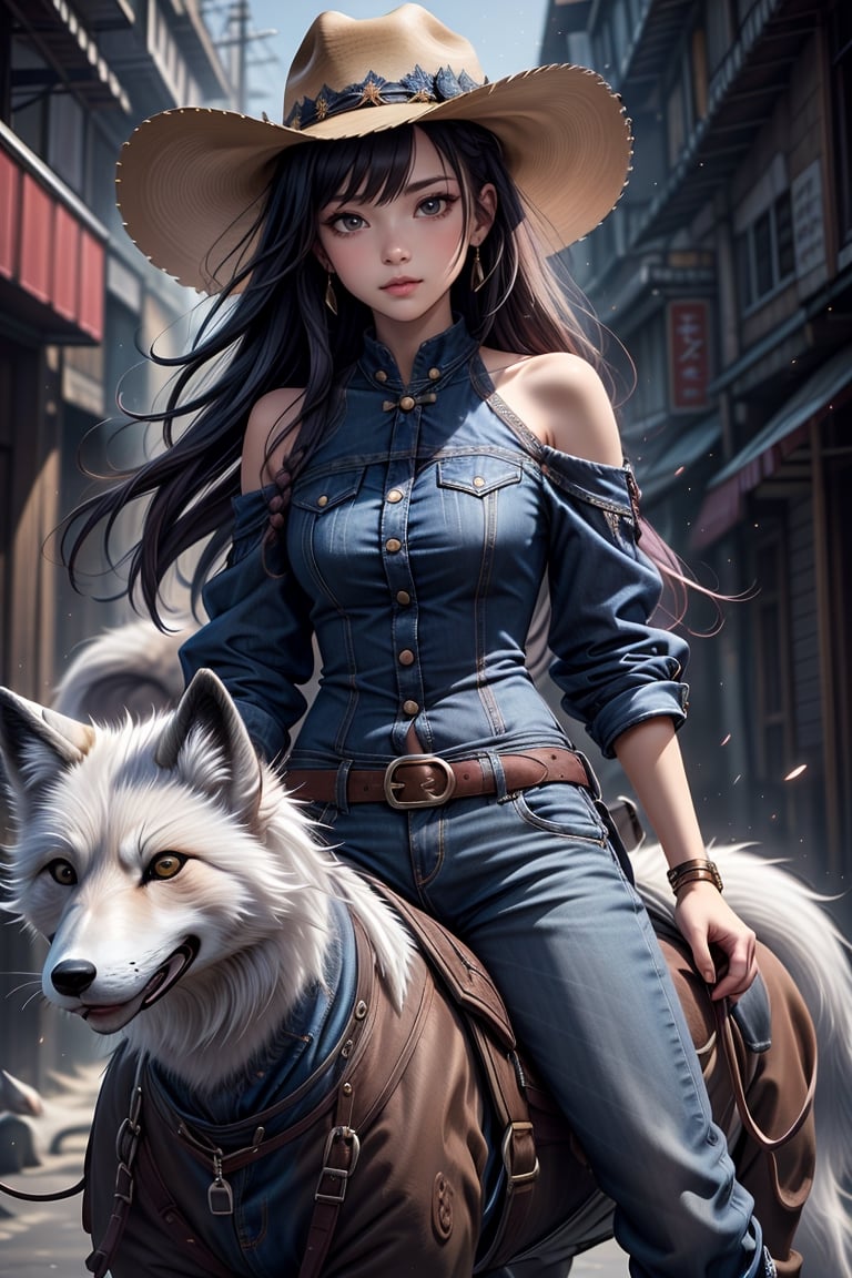 1girl, solo, long hair, breasts, shirt, black hair, hat, braid, pants, off shoulder, denim, jeans, riding, tied shirt,arctic fox, cowboy hat, arctic foxback riding, cowboy  western, saddle